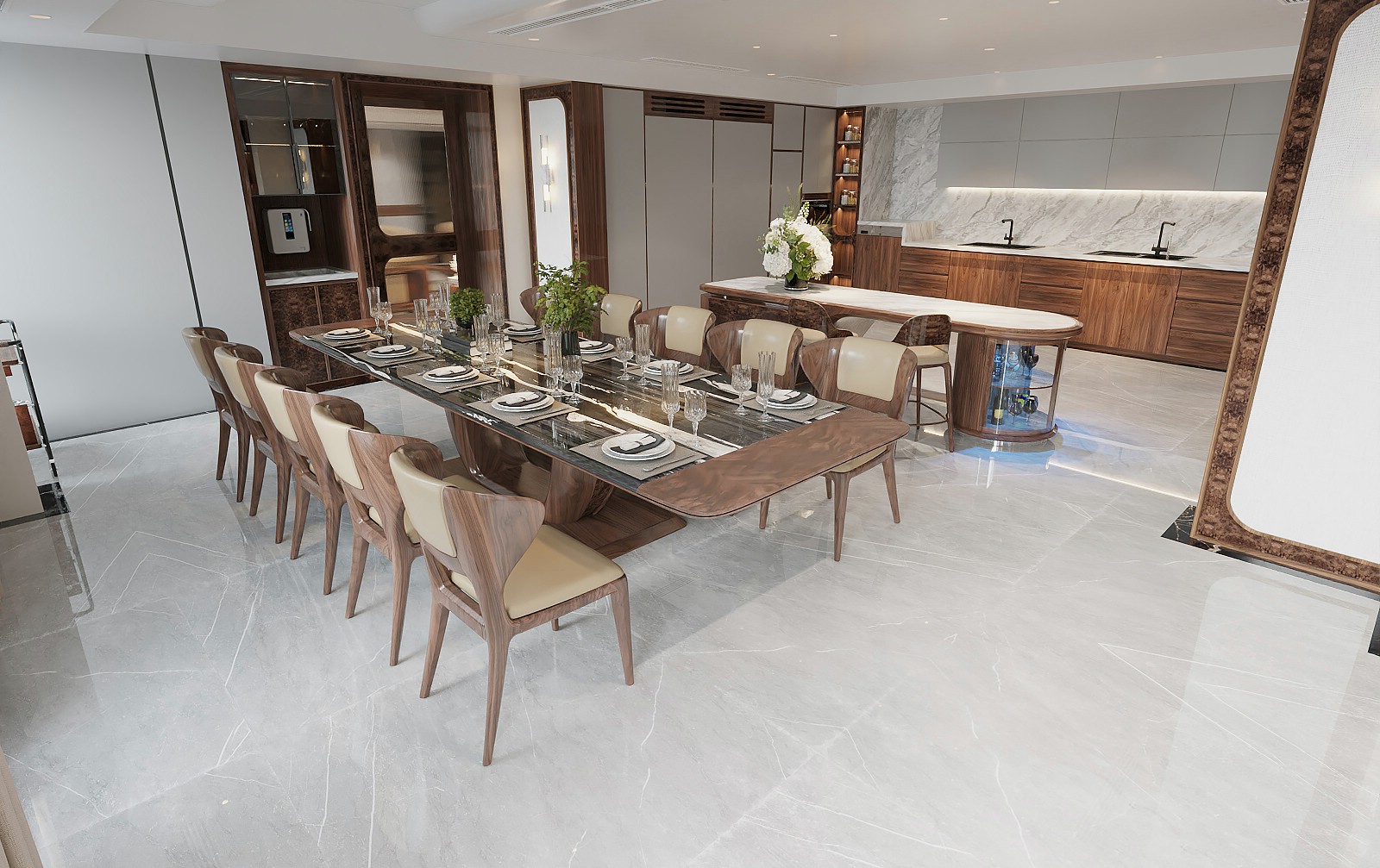 Thiết kế phòng bếp hiện đại với bàn ăn gỗ 10 ghế, bàn bar tiện nghi và tủ bếp chữ I gỗ acrylic trắng – laminate nâu trầm