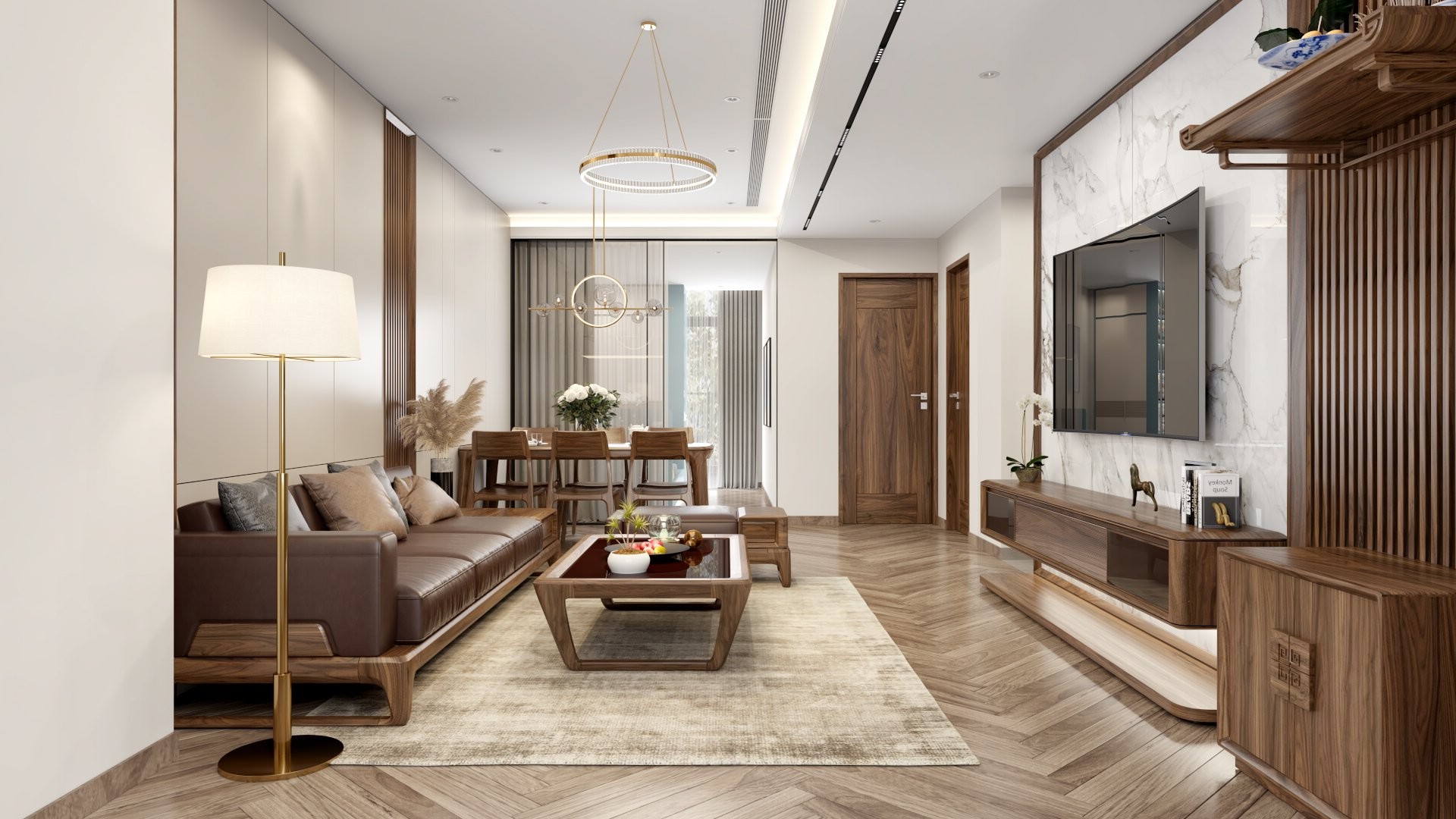 Thiết kế phòng khách chung cư có bàn thờ với nội thất gỗ óc chó và bàn trà mặt kính