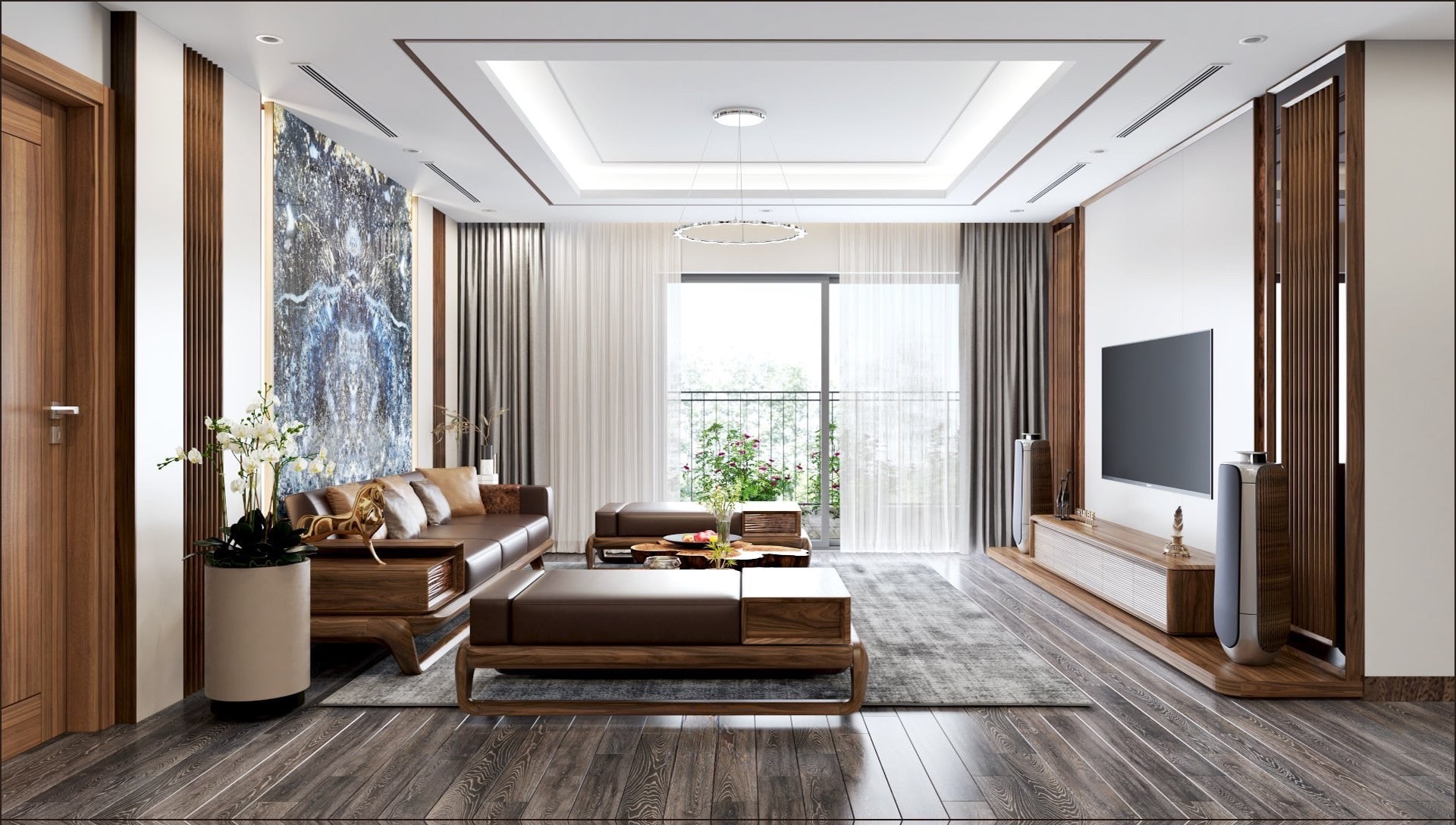 Thiết kế phòng khách chung cư với tường ốp Onyx xanh và nội thất gỗ óc chó