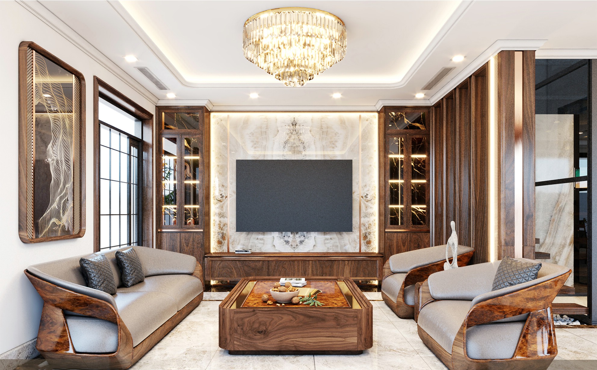 Thiết kế phòng khách đẹp đơn giản với bộ bàn ghế gỗ veneer nu và kệ tivi CNC