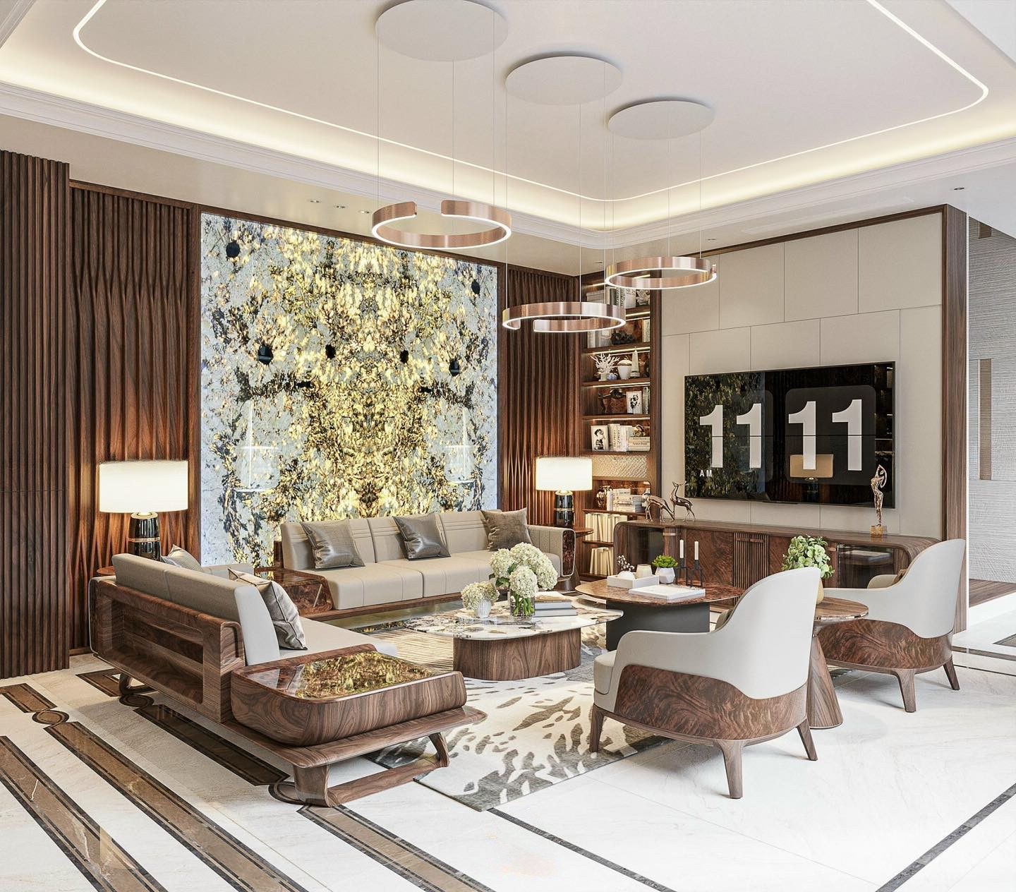 Thiết kế phòng khách đẹp sang trọng với nội thất gỗ óc chó và bố cục phong thủy chữ U