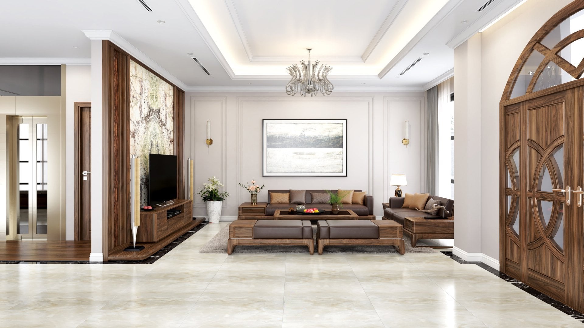 Thiết kế phòng khách đơn giản mà đẹp với sofa gỗ và kệ tivi hiện đại