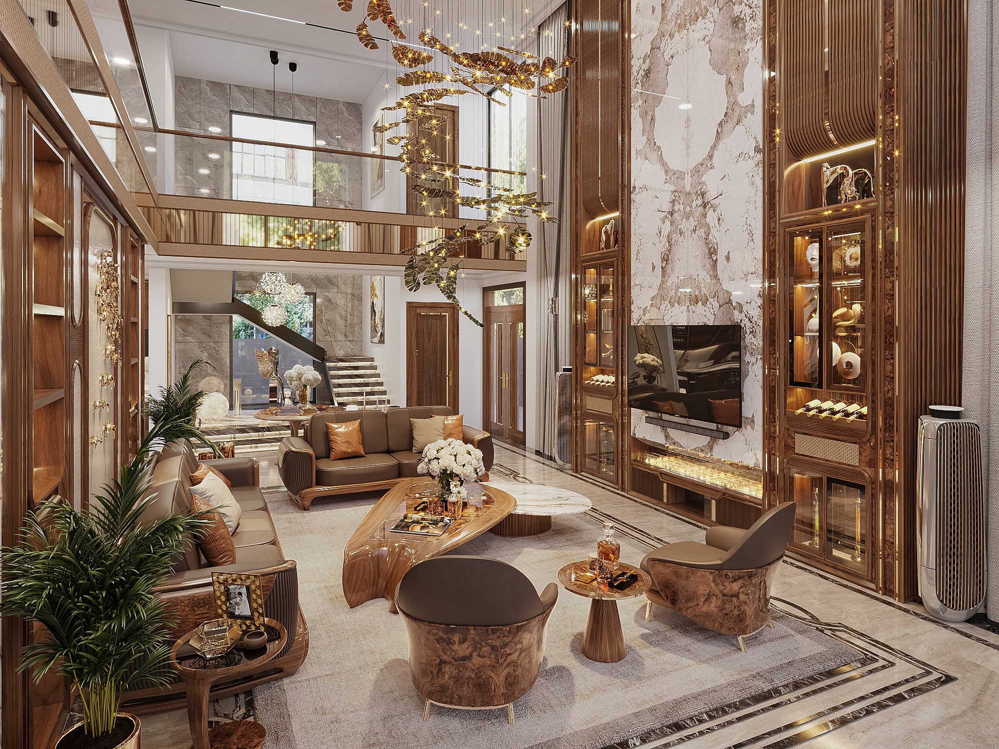 Thiết kế phòng khách gỗ óc chó thông tầng sang trọng