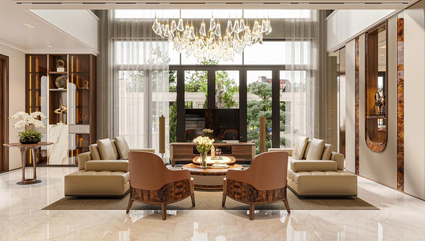 Thiết kế phòng khách hiện đại thông tầng với sofa da và vách lam sóng vòm cung veneer nu