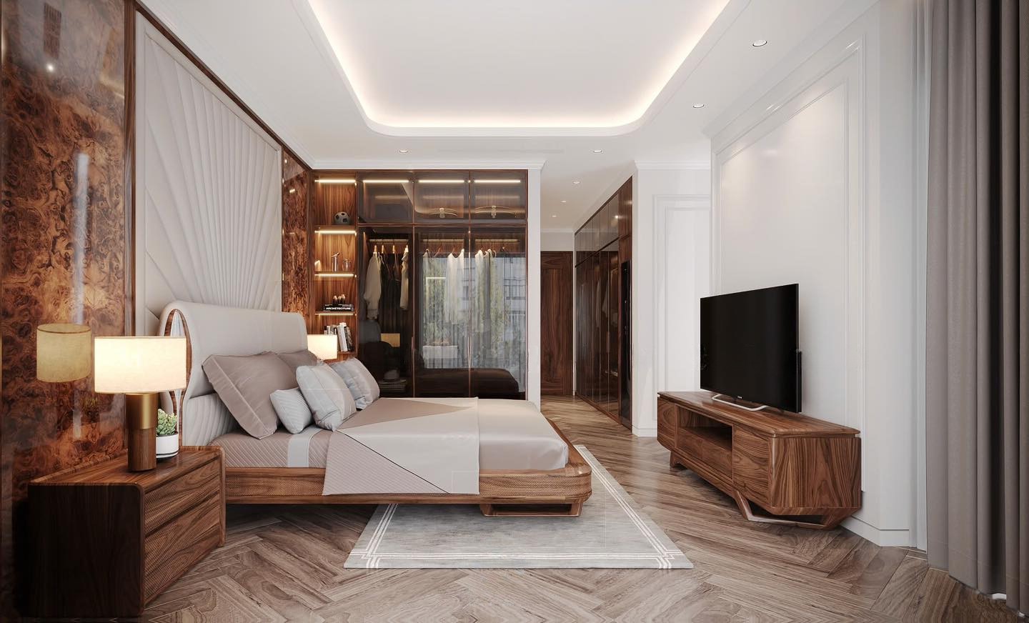 Thiết kế phòng ngủ chung cư 25m² hiện đại với tủ quần áo kính và giường hộp chữ U