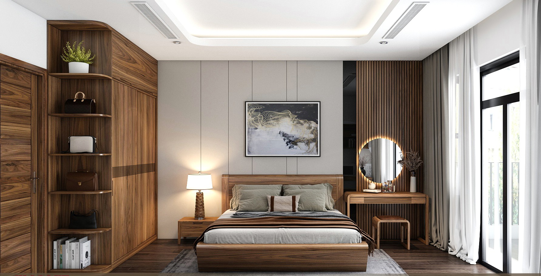 Thiết kế phòng ngủ đẹp cho nữ với nội thất gỗ tự nhiên và gương tròn led hiện đại