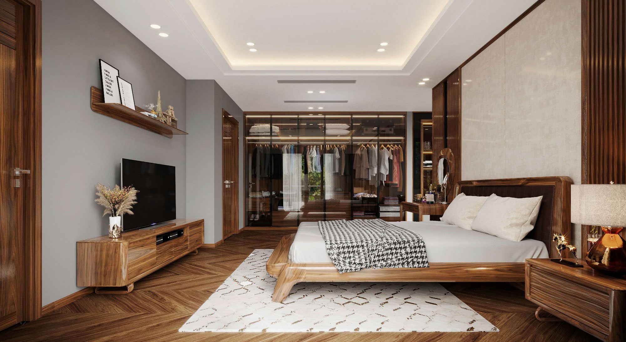 Thiết kế phòng ngủ đẹp sang trọng với giường gỗ sồi và tủ quần áo kính hiện đại
