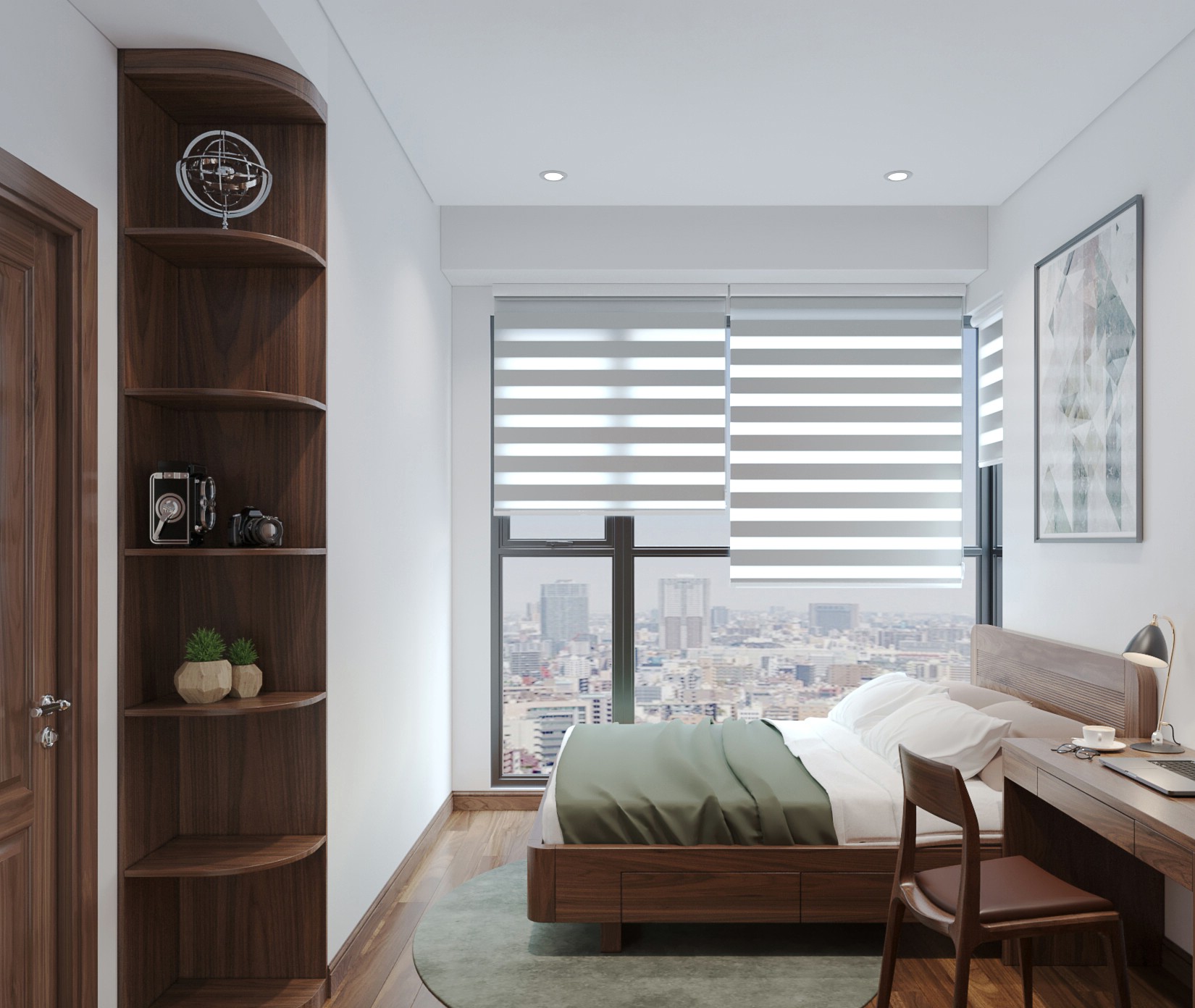 Thiết kế phòng ngủ đơn giản với giường hộp ngăn kéo và kệ trang trí vát cong