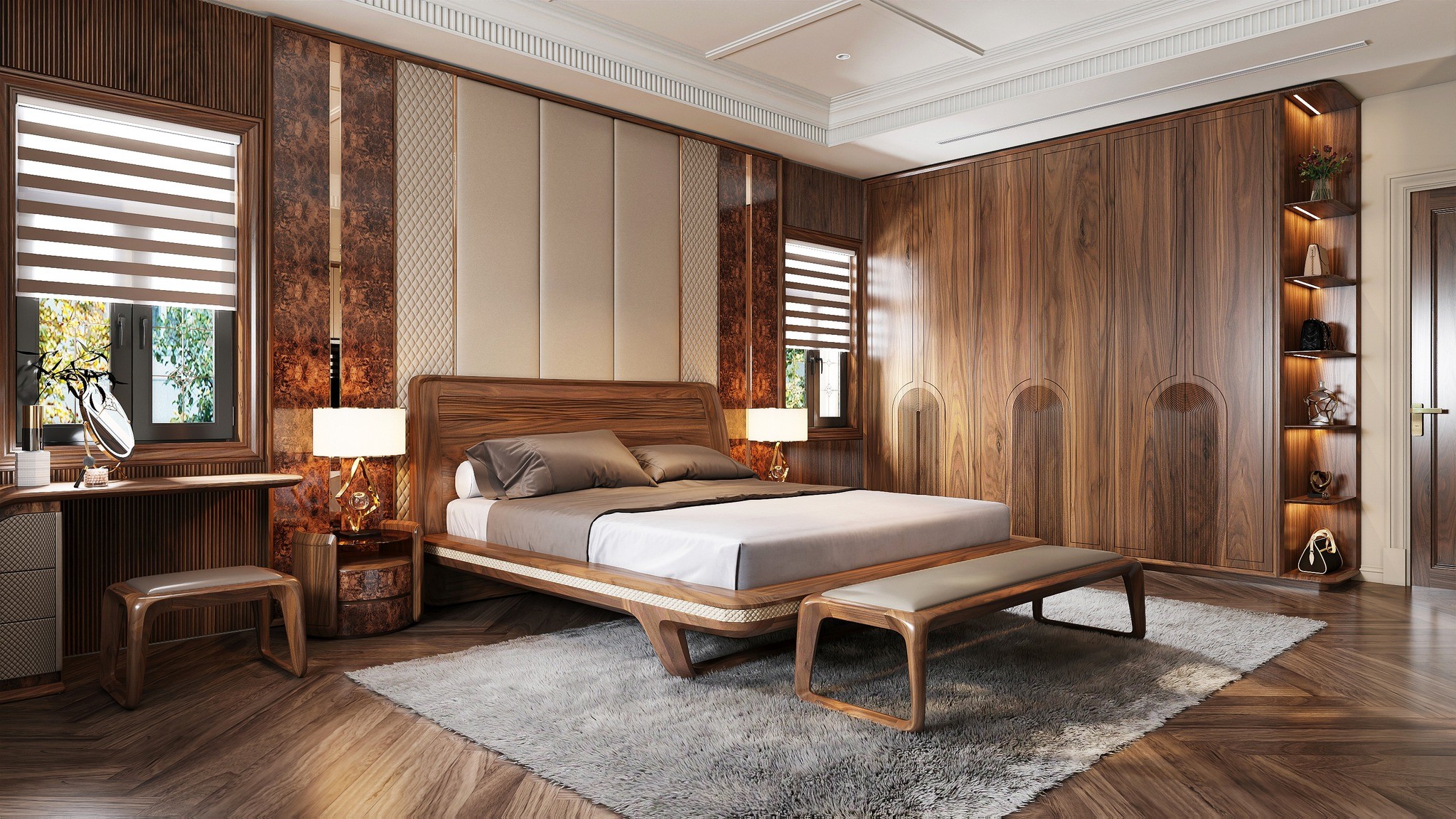 Thiết kế phòng ngủ gỗ óc chó tự nhiên sang trọng