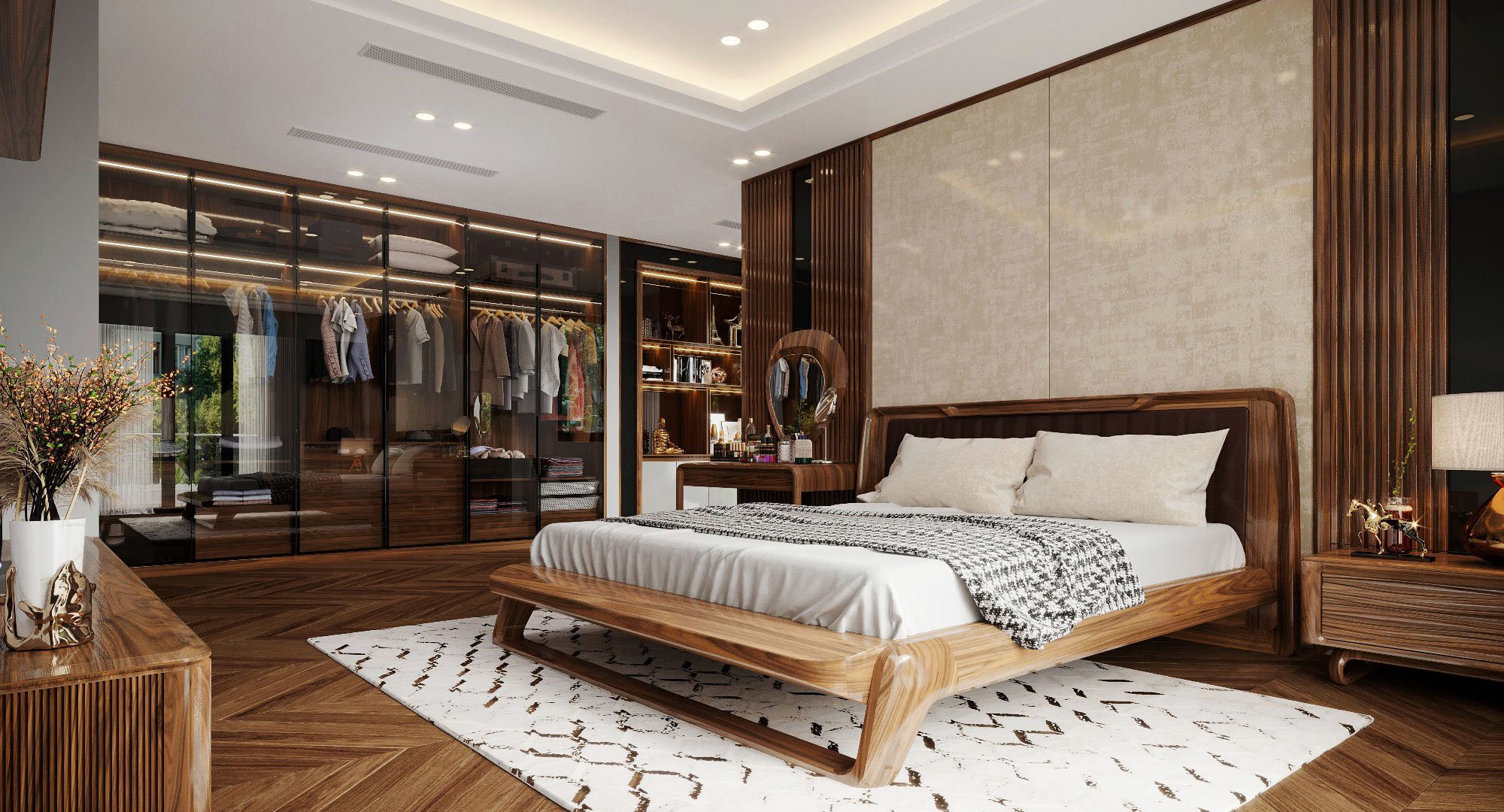 Thiết kế phòng ngủ hiện đại với tủ quần áo kính 6 cánh, giường gỗ tự nhiên và vách ngăn lam sóng giả gỗ