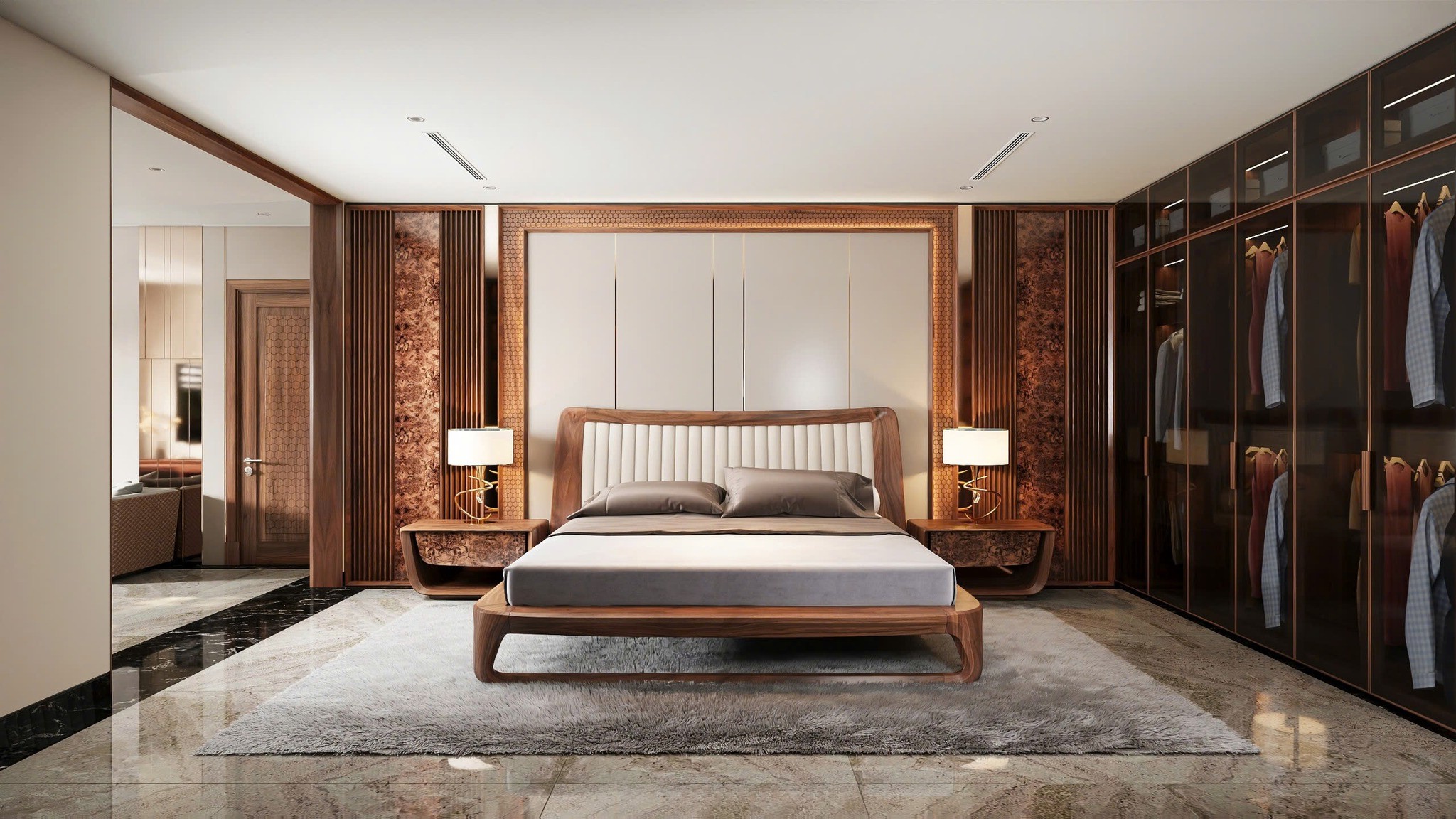 Thiết kế phòng ngủ master hiện đại với giường gỗ chân chữ U và tủ quần áo cánh kính