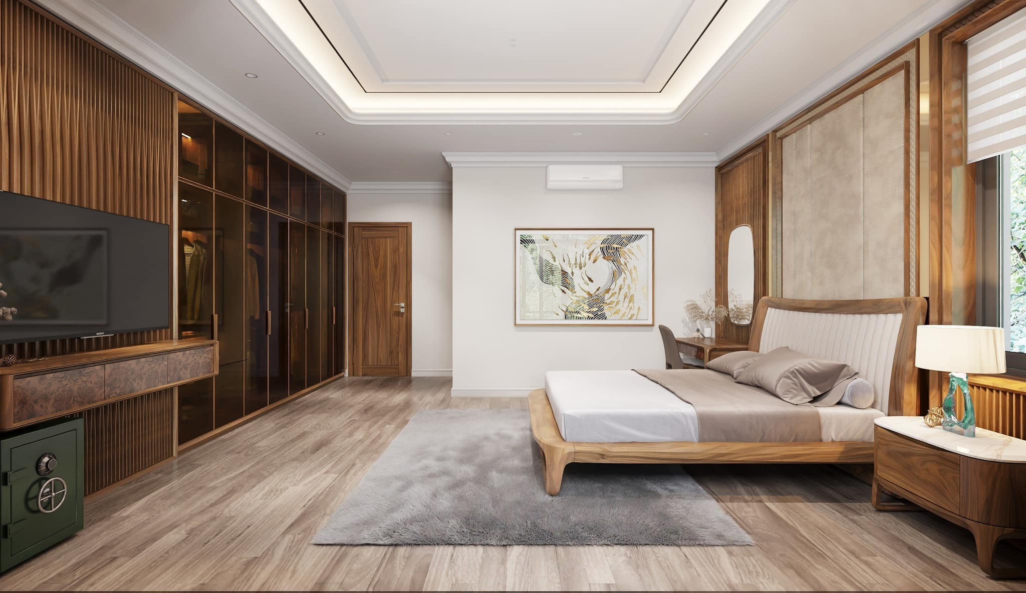 Thiết kế phòng ngủ master tone nâu – trắng với giường gỗ bọc da, tủ kính âm tường và vách lam sóng