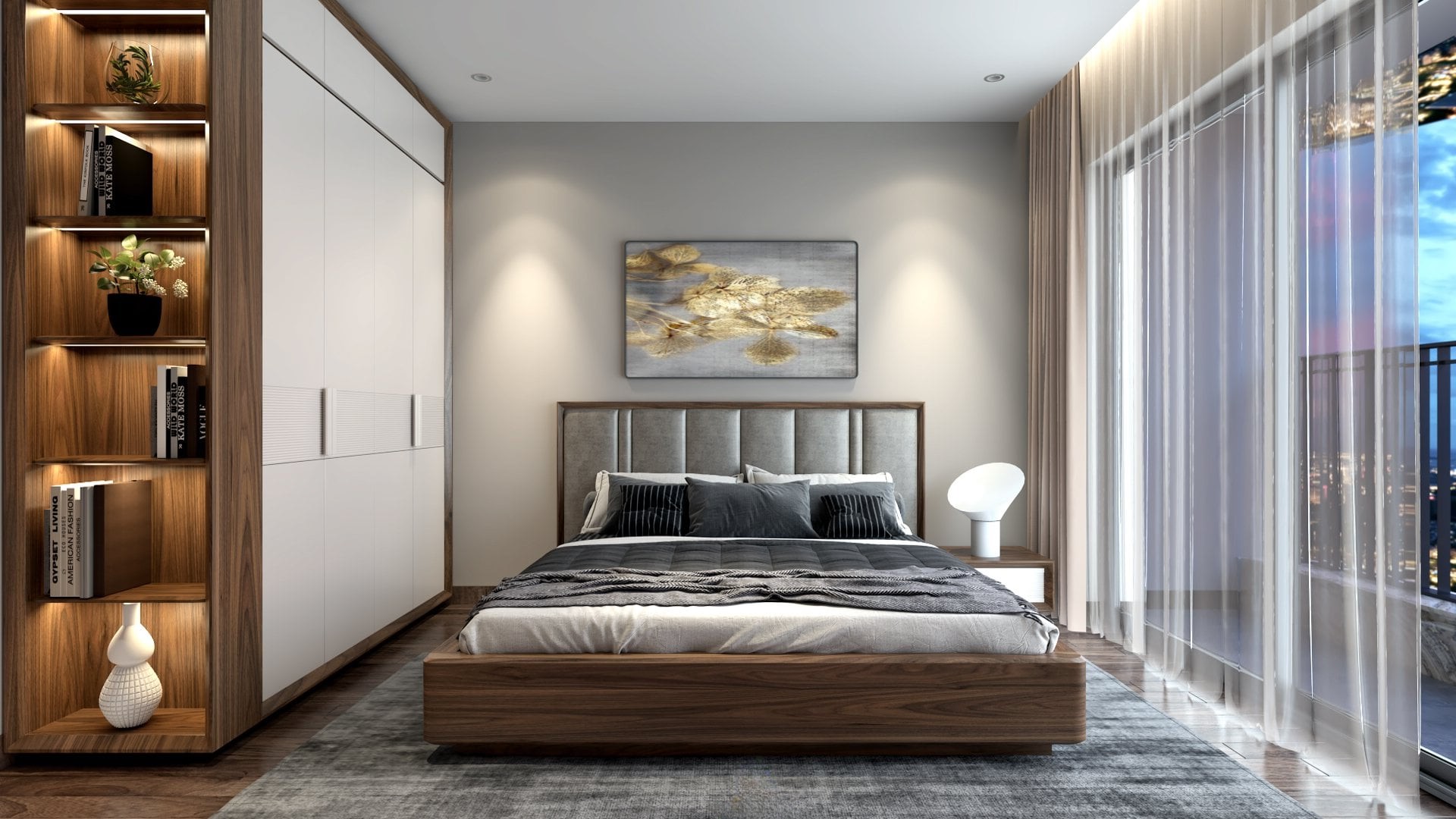 Thiết kế phòng ngủ nhỏ đẹp cho nữ với gam màu trắng và ghi xanh