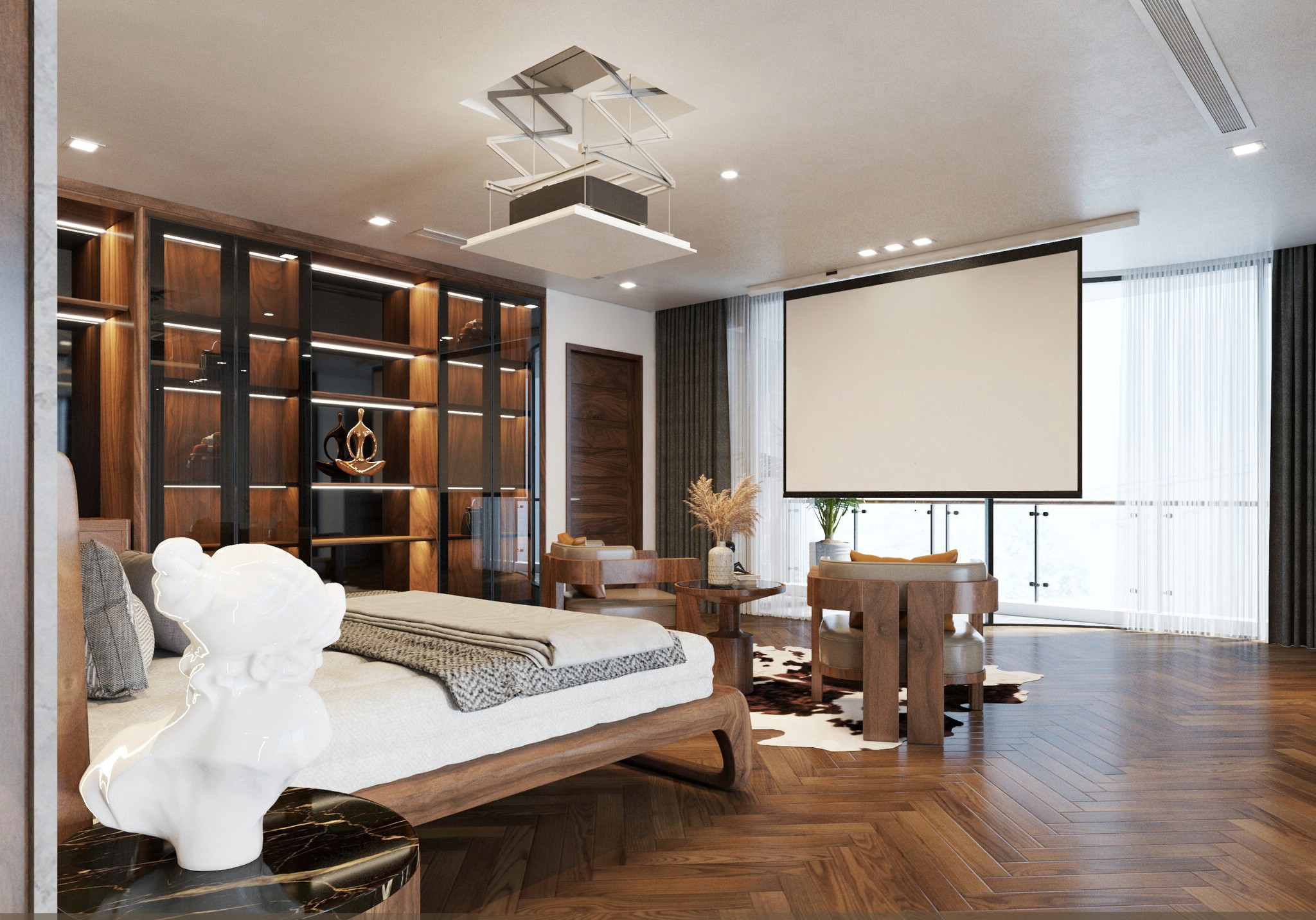 Thiết kế phòng ngủ thông minh với kệ kính, giường gỗ óc chó và máy chiếu