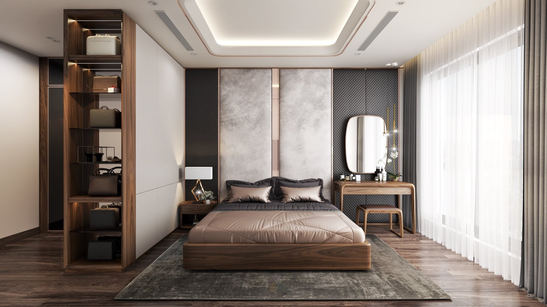 Thiết kế phòng ngủ tối giản với tủ quần áo chữ L và bàn trang điểm gỗ óc chó