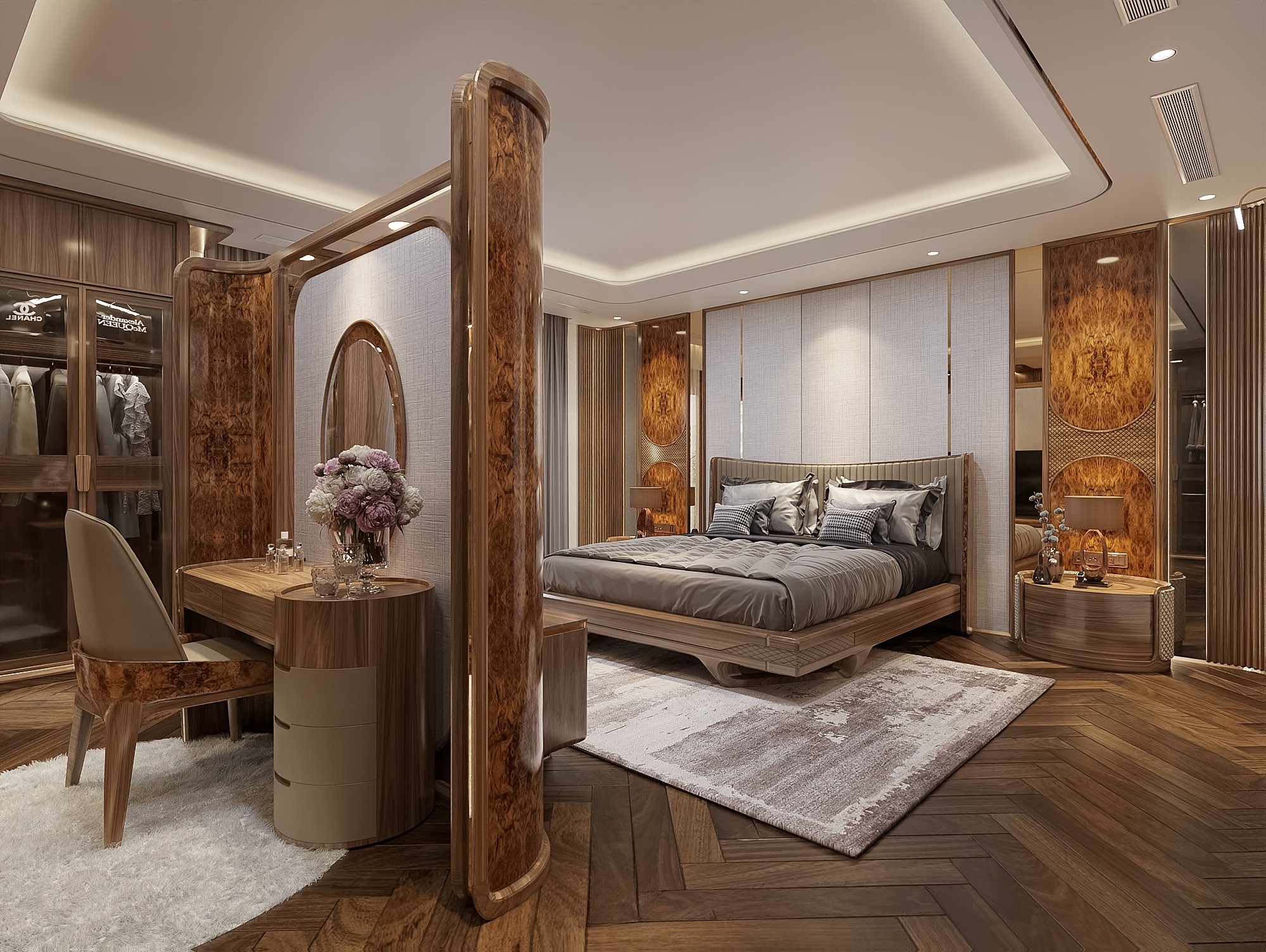 Thiết kế phòng ngủ diện tích lớn với giường giữa phòng, vách ngăn veneer nu và đầu giường chỉ vàng