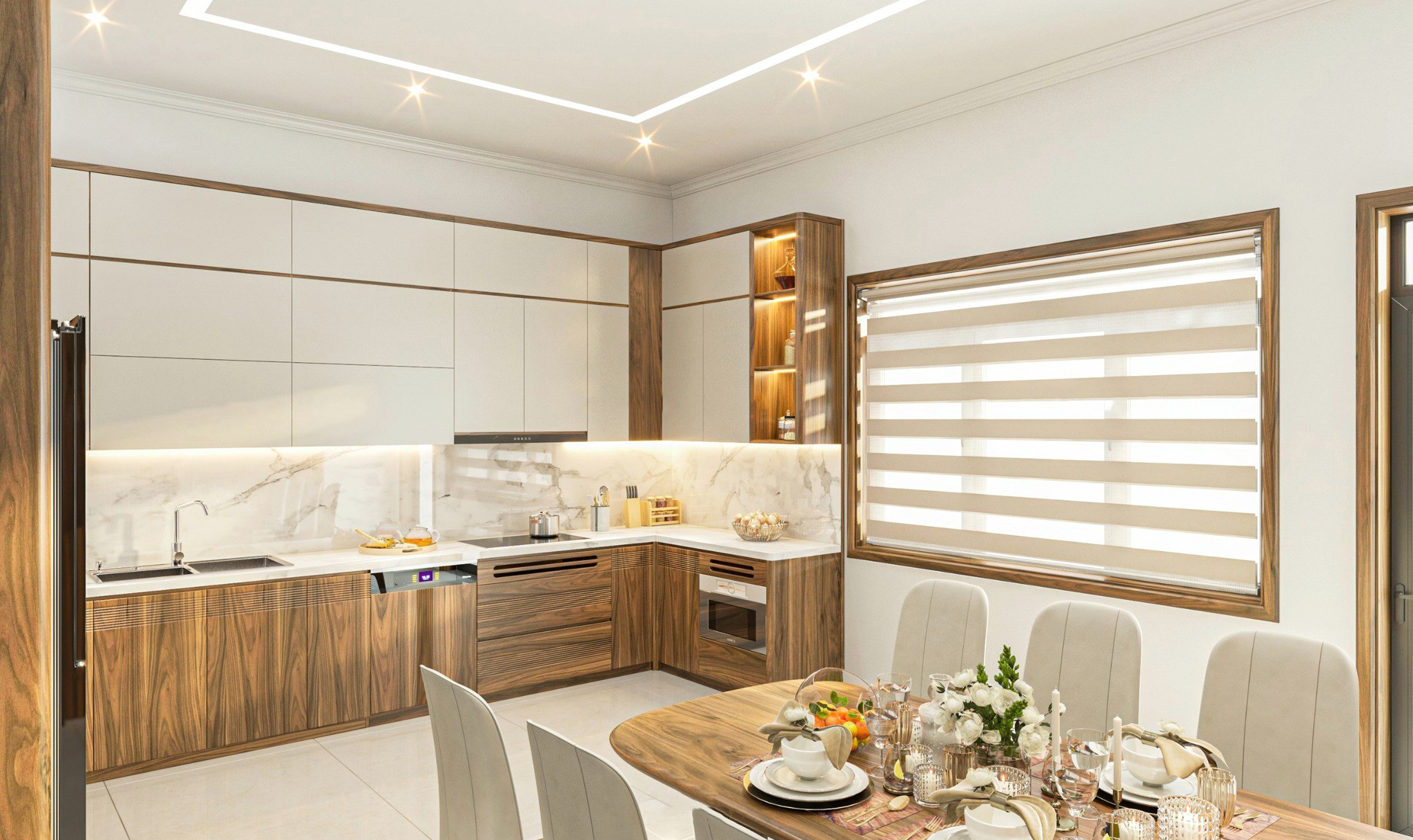 Thiết kế tủ bếp chữ L hiện đại với cánh acrylic trắng và melanite nâu gụ