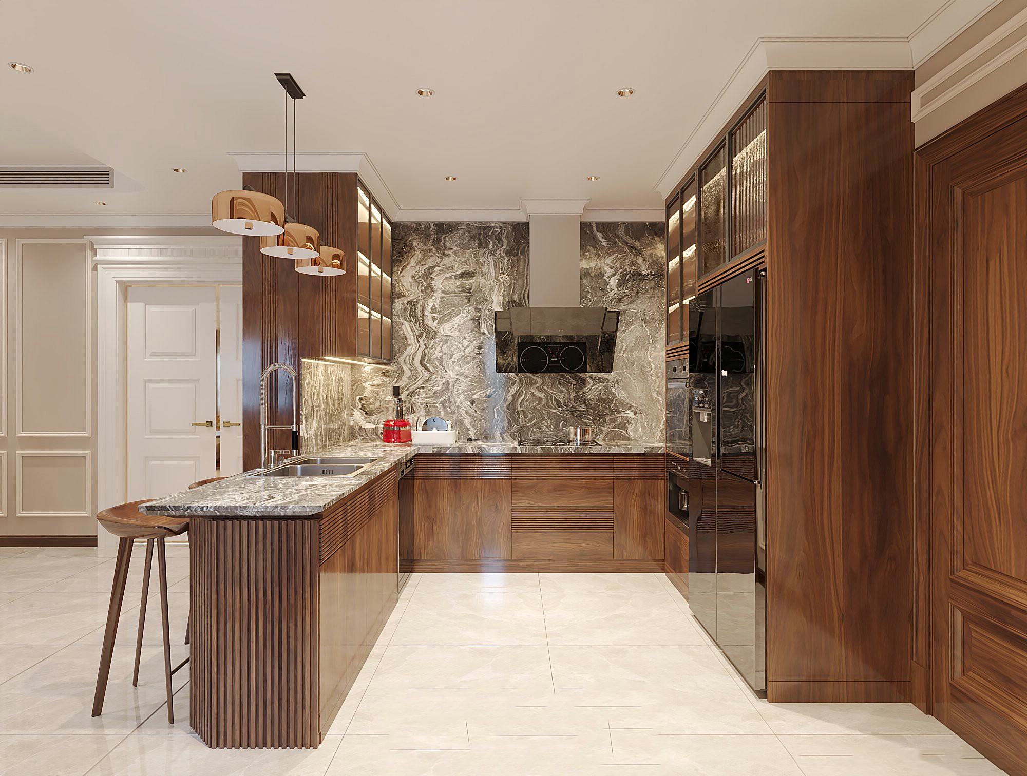 Thiết kế tủ bếp đẹp chữ U bằng gỗ óc chó hoặc gỗ sồi màu nâu trầm