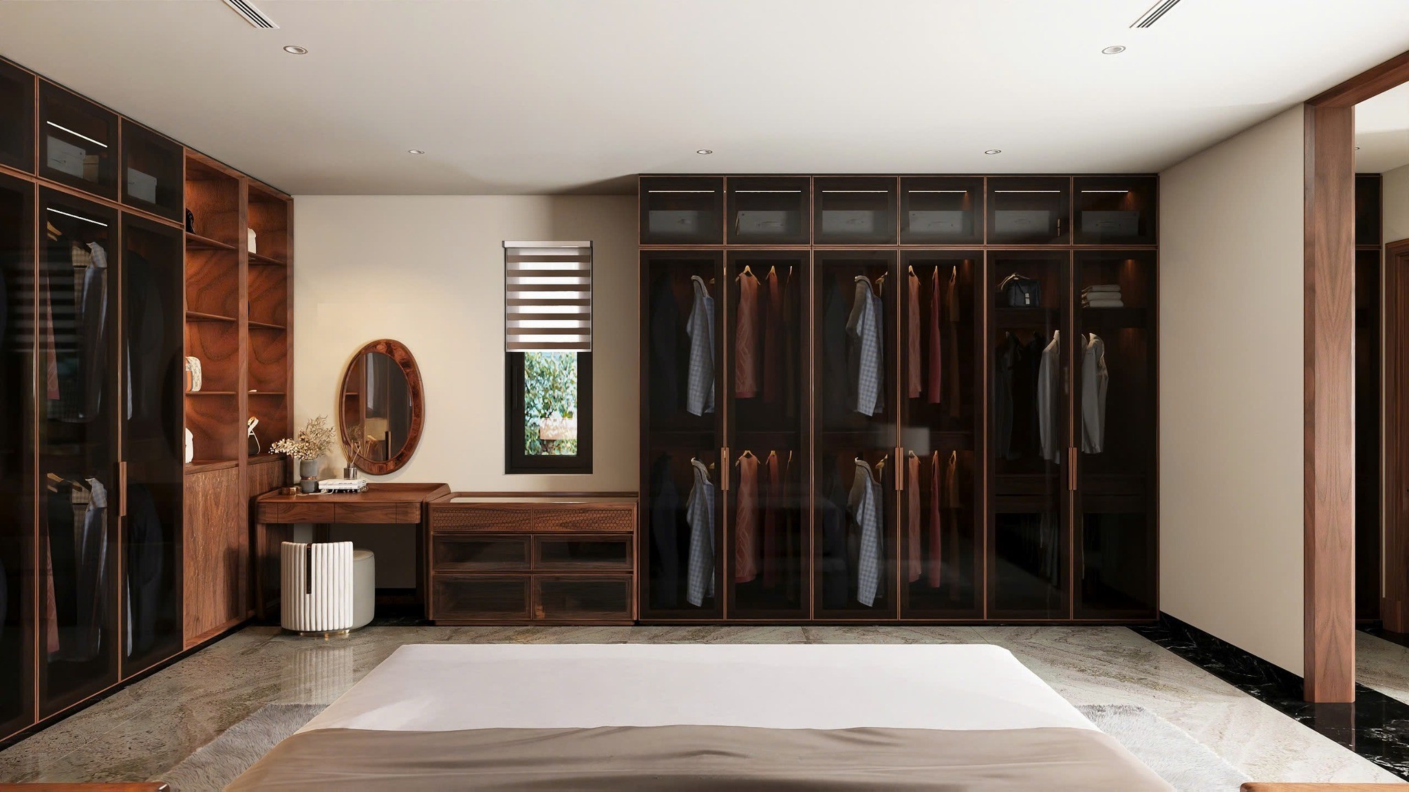 Thiết kế tủ quần áo hiện đại 6 cánh kính trong suốt cao kịch trần