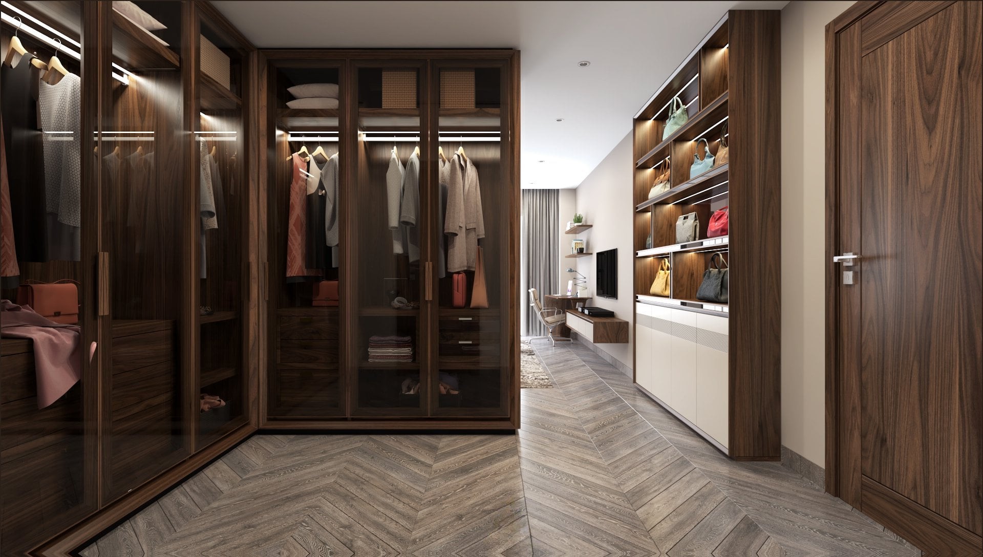 Thiết kế tủ quần áo trong phòng ngủ dáng chữ L với 6 cánh phủ vân gỗ óc chó