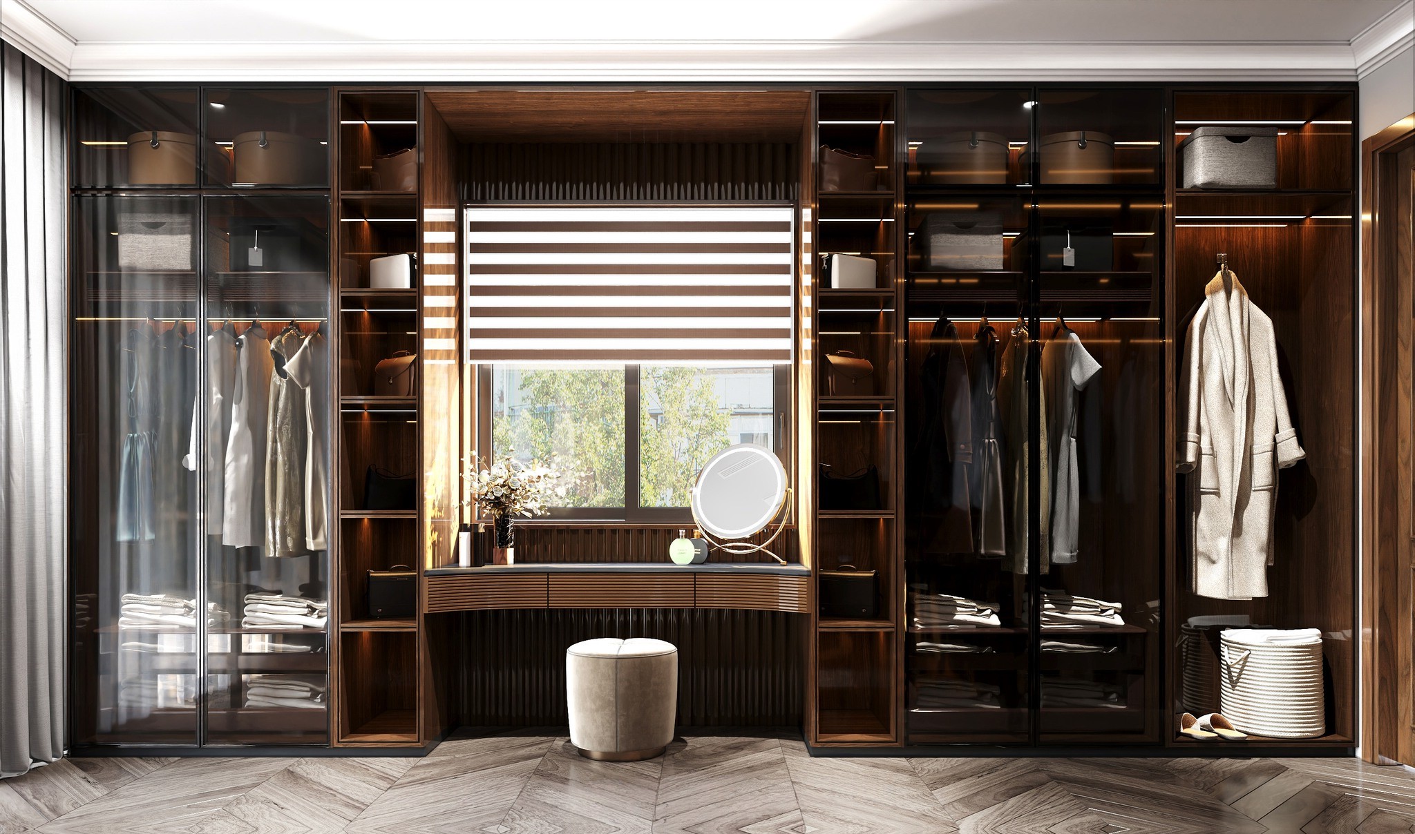 Thiết kế tủ quần áo hiện đại kết hợp bàn trang điểm gỗ veneer óc chó