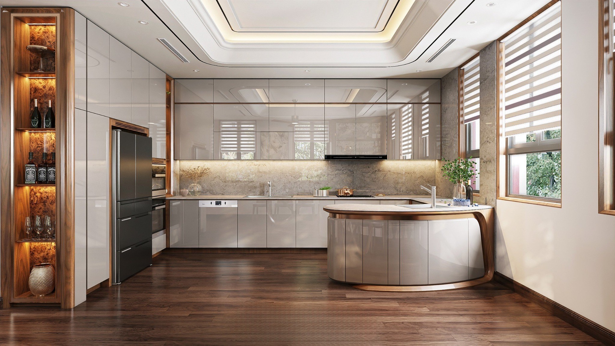 Tủ bếp cánh acrylic chữ U hiện đại với bàn đảo vòm cung và mặt bếp đá xám