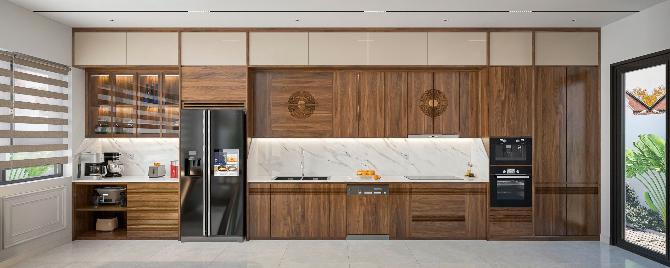 Tủ bếp chữ I hiện đại chất liệu gỗ tự nhiên kết hợp acrylic trắng