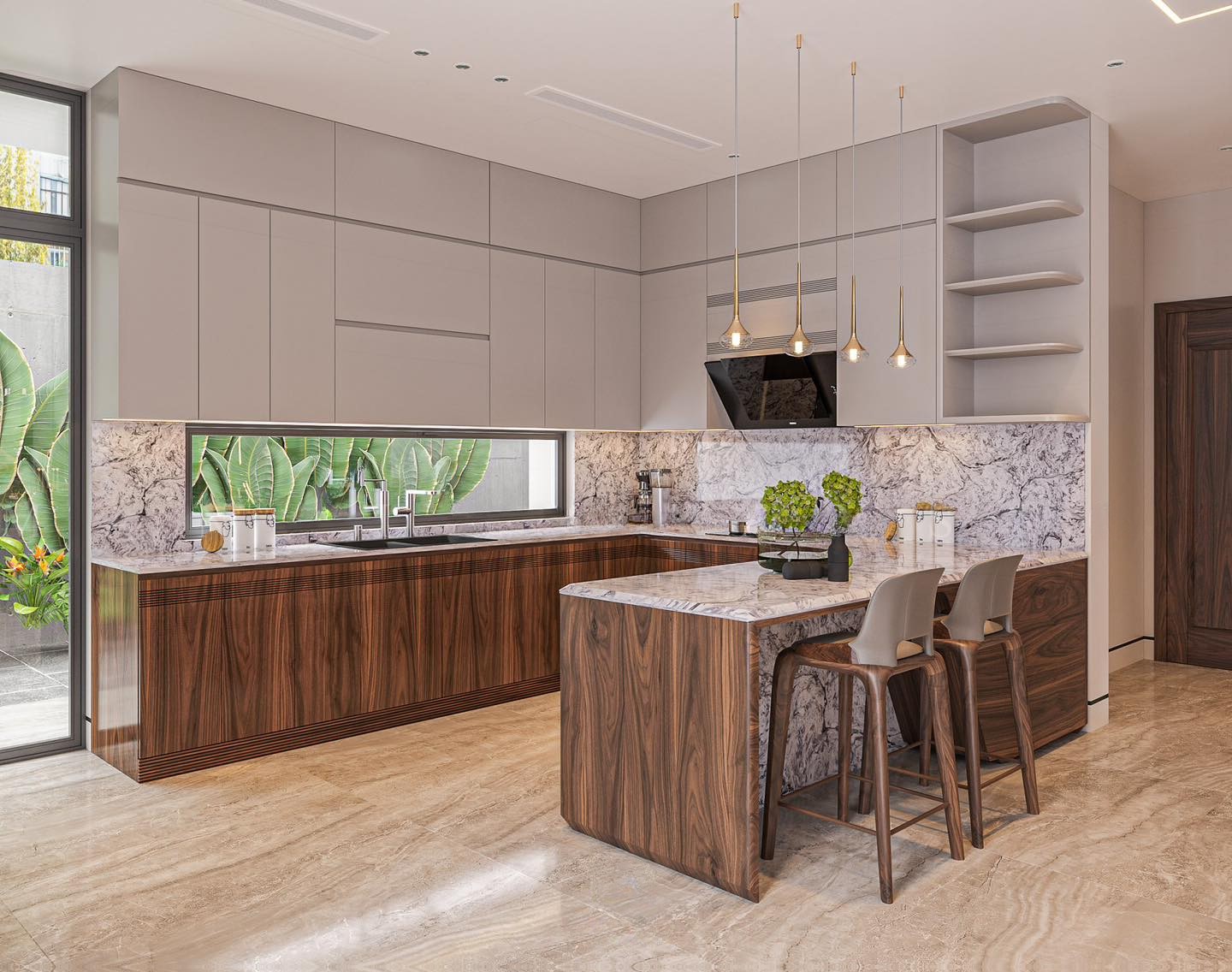 Tủ bếp đẹp hiện đại chữ L với cánh acrylic trắng và gỗ tự nhiên nâu đen