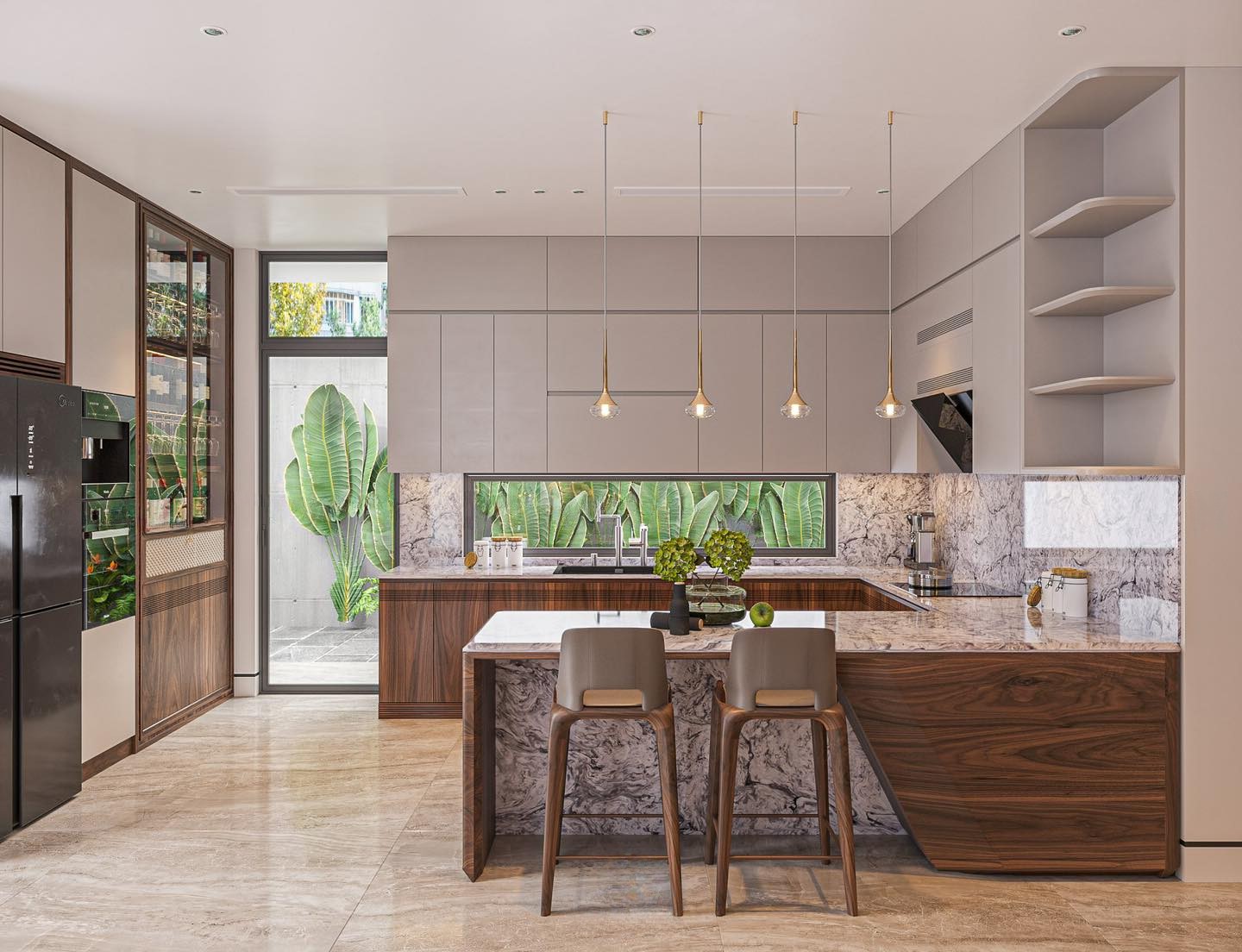 Tủ bếp gỗ óc chó đẹp sang trọng chữ L gắn bàn bar