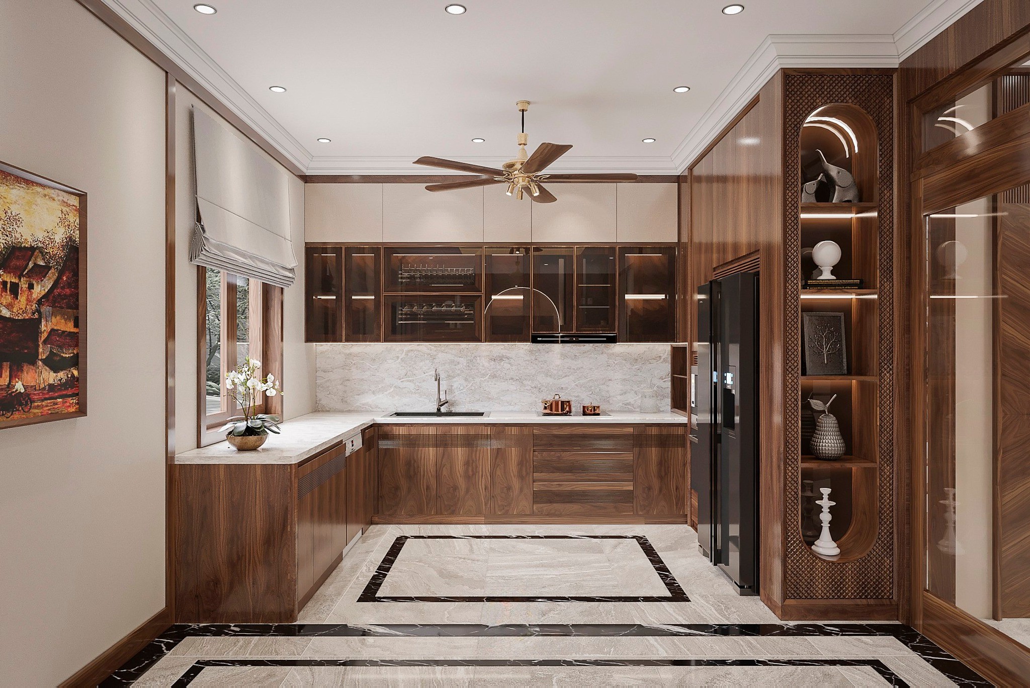 Tủ bếp gỗ óc chó hiện đại cao cấp chữ U cho gia đình