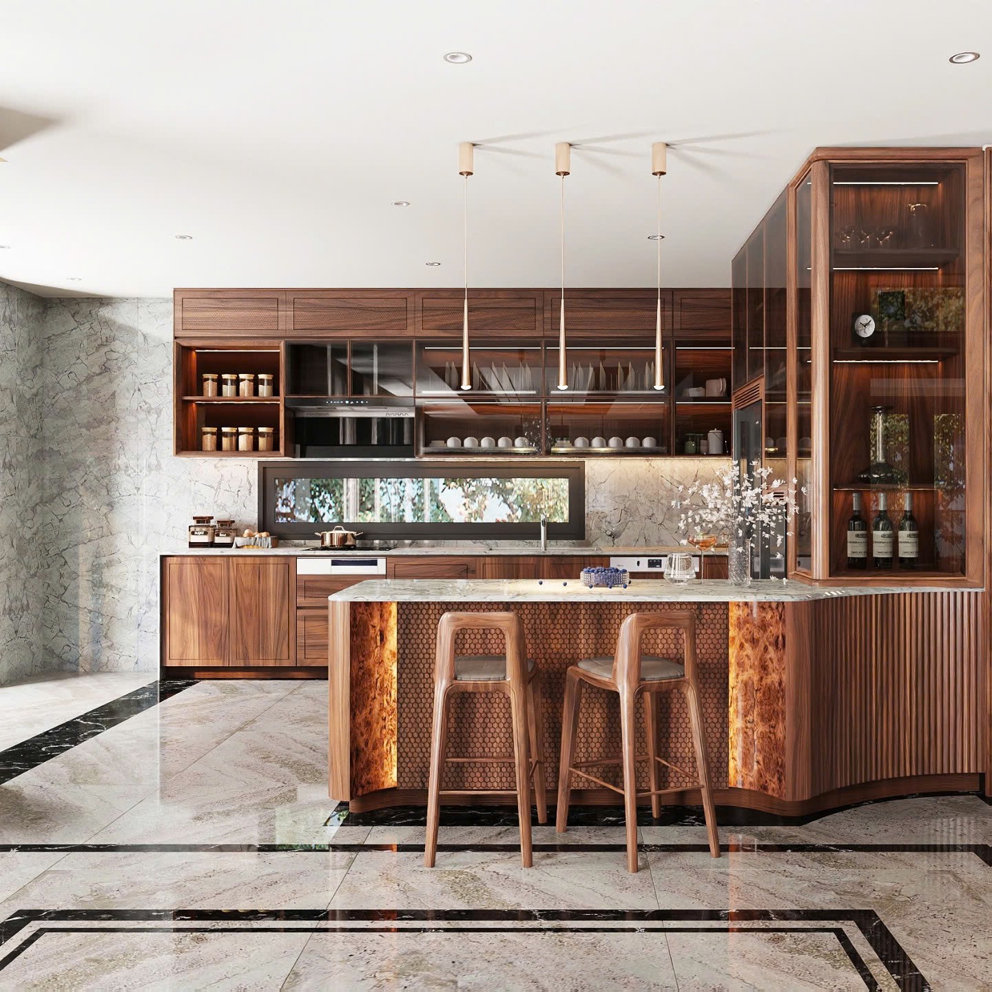 Tủ bếp gỗ óc chó tự nhiên chữ L sang trọng