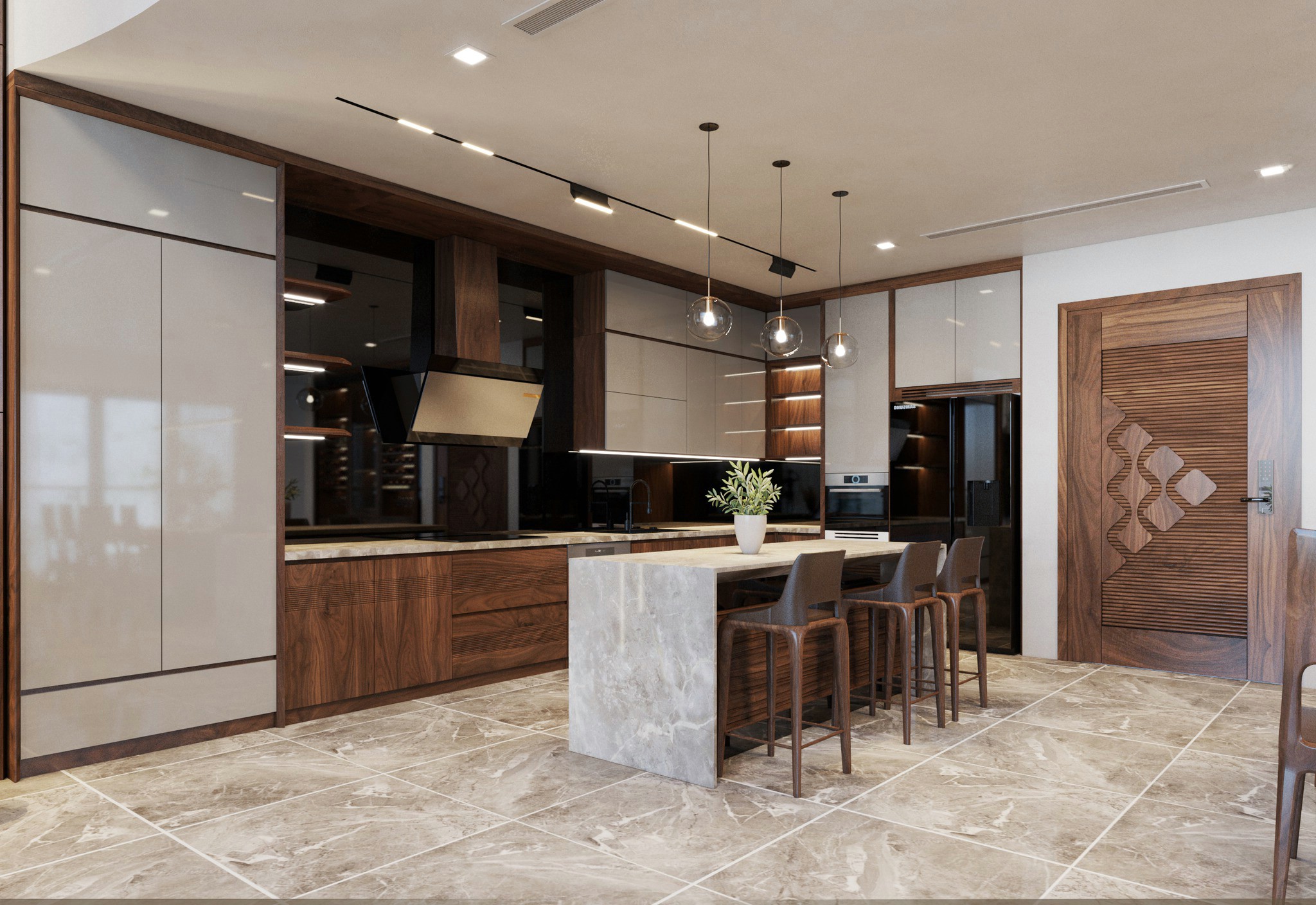 Tủ bếp gỗ óc chó chữ L cao kịch trần, phối Acrylic ghi bóng hiện đại