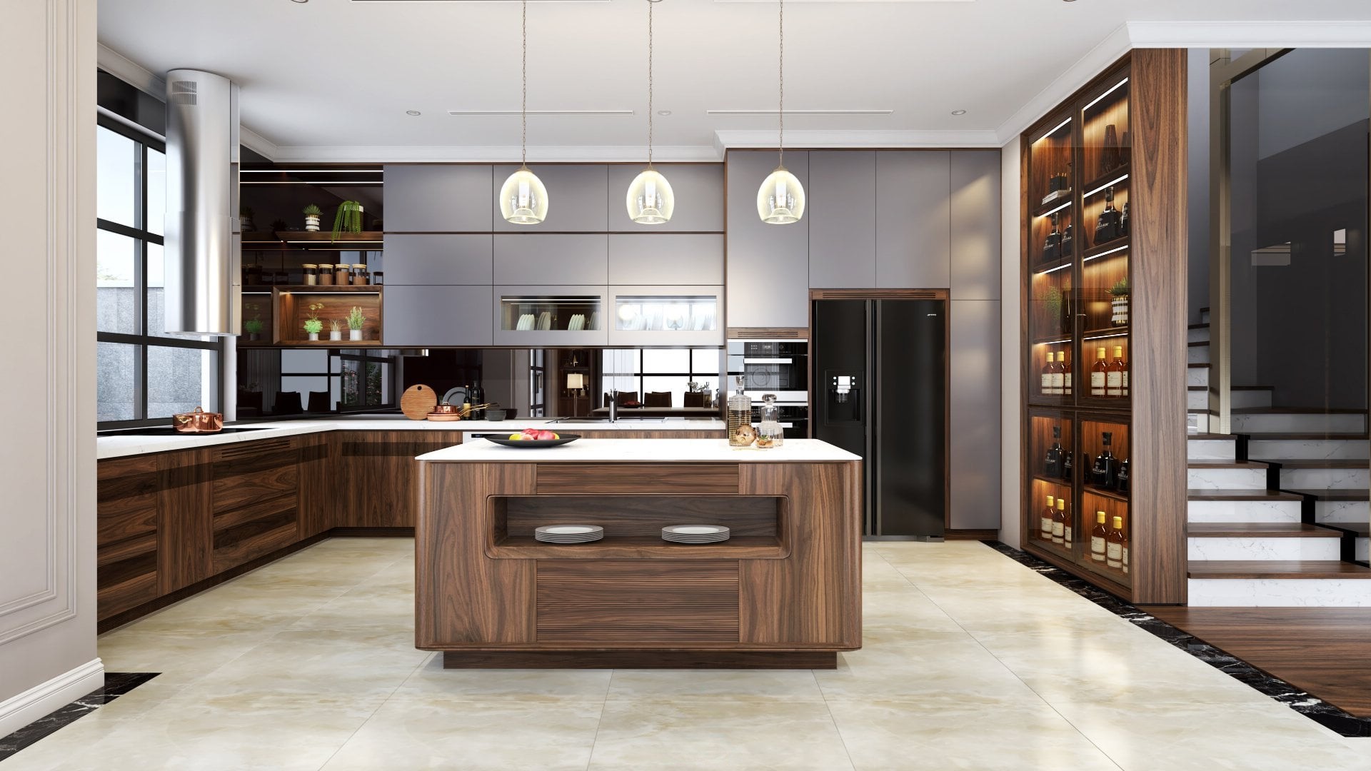 Tủ bếp thông minh hiện đại chữ L với cánh acrylic màu ghi đá và vân gỗ nâu đậm