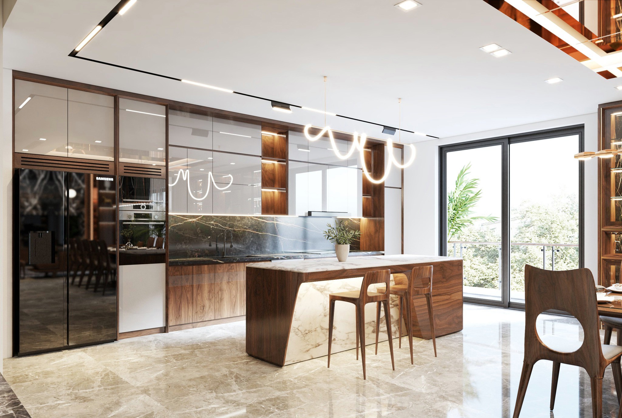 Tủ bếp chữ I cao kịch trần màu trắng và nâu, mặt bàn đá đen và bàn đảo đá marble
