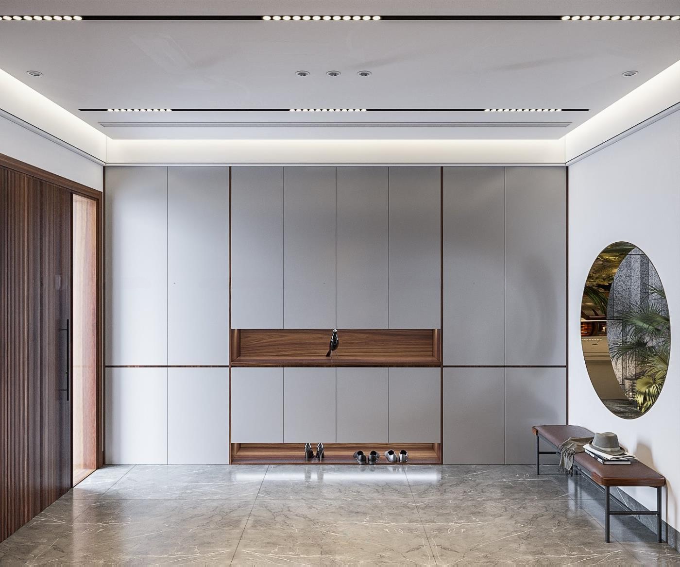 Tủ giày gỗ óc chó cao kịch trần phối cánh Acrylic màu ghi