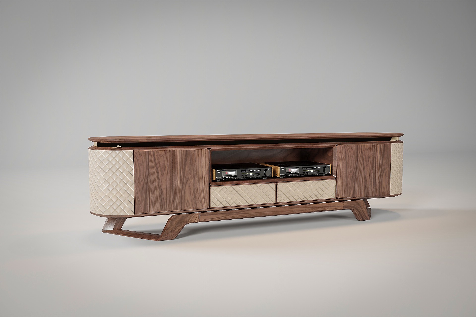 Tủ kệ tivi hiện đại gỗ óc chó hình oval với viền kim loại mạ vàng đồng sang trọng