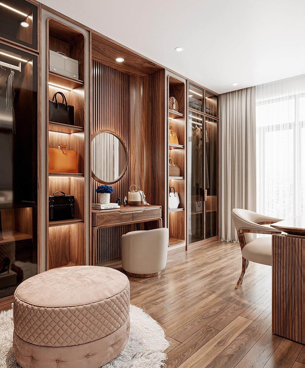 Tủ kèm bàn trang điểm gỗ tự nhiên cao kịch trần với gương tròn viền gỗ