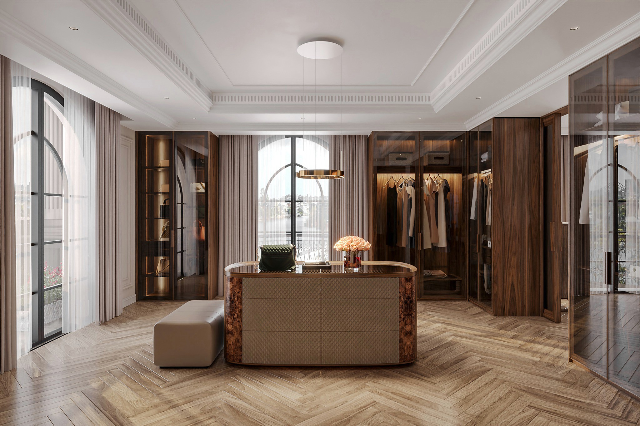 Tủ quần áo gỗ hiện đại dáng chữ L cao kịch trần