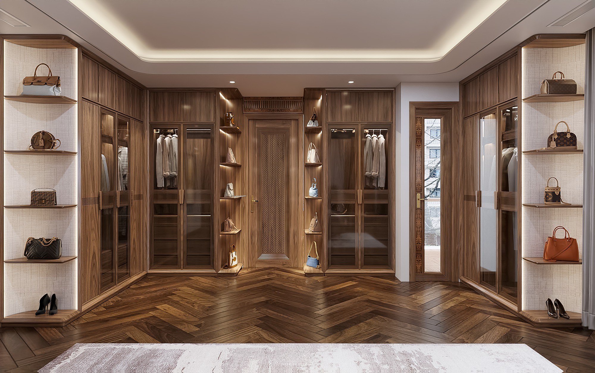 Tủ quần áo gỗ óc chó đẹp với thiết kế chữ L và chữ I hiện đại