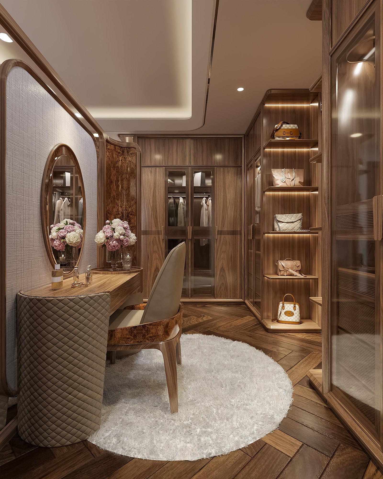 Tủ quần áo gỗ tự nhiên cao cấp chữ L bằng gỗ óc chó màu nâu gụ