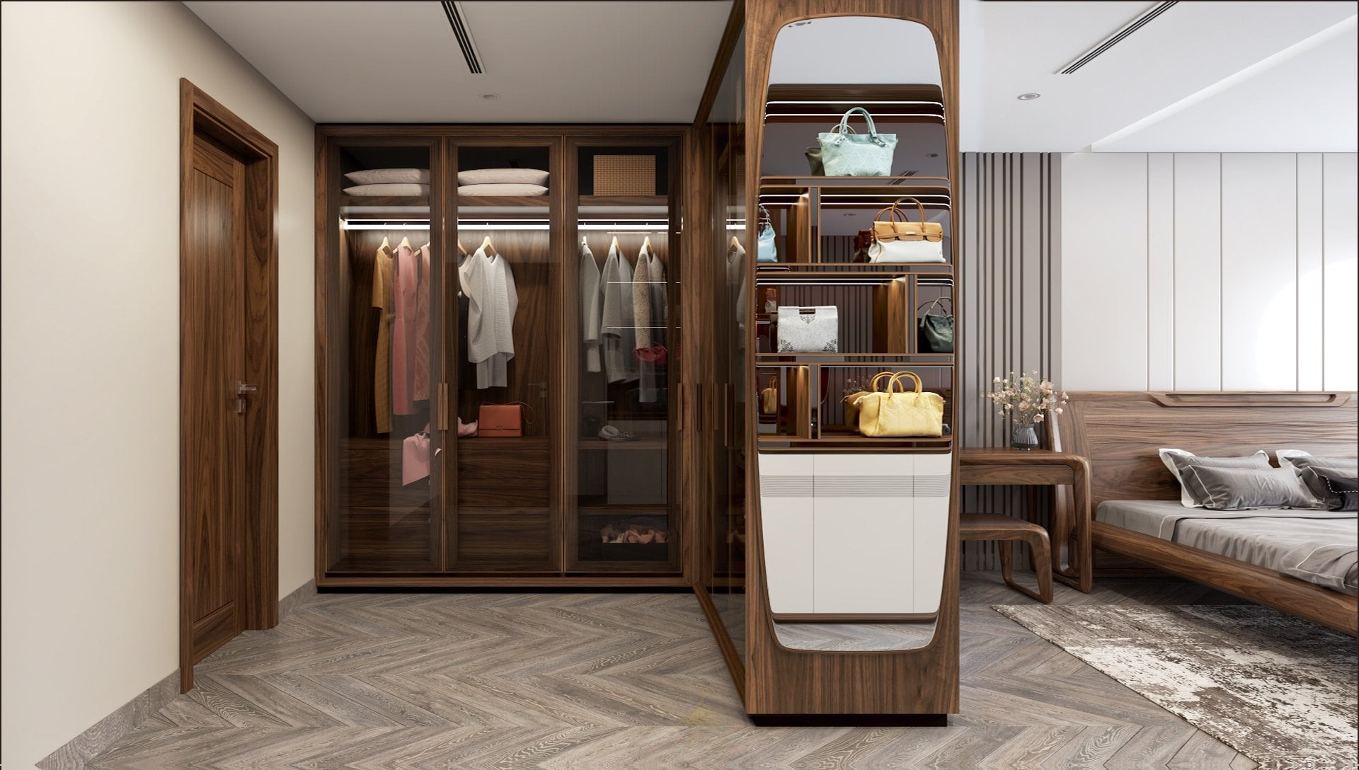 Tủ quần áo phòng ngủ hiện đại chữ L với cánh kính sang trọng