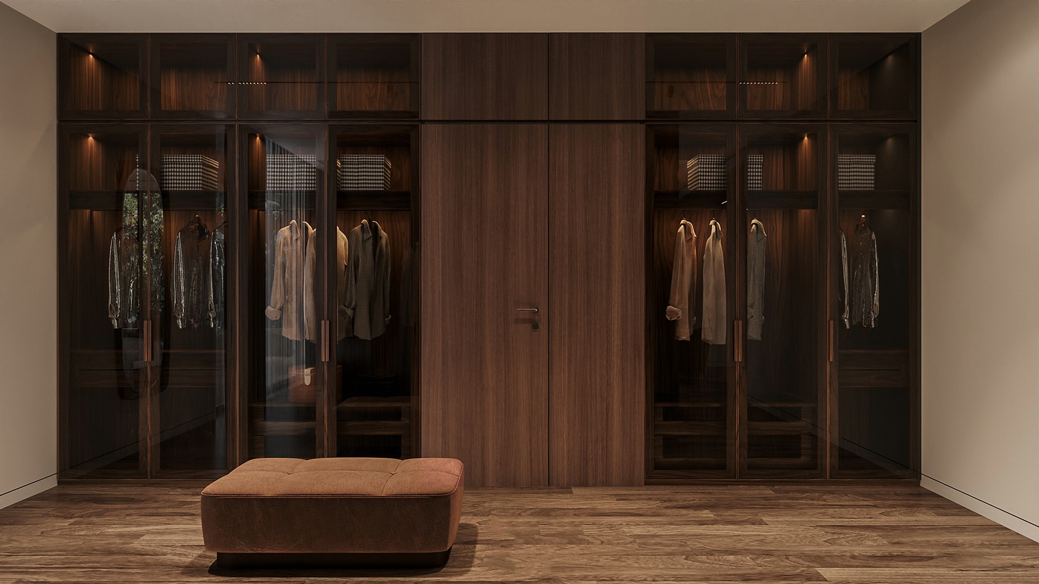 Tủ quần áo thông minh hiện đại cao kịch trần cánh kính kết hợp gỗ MDF phủ laminate