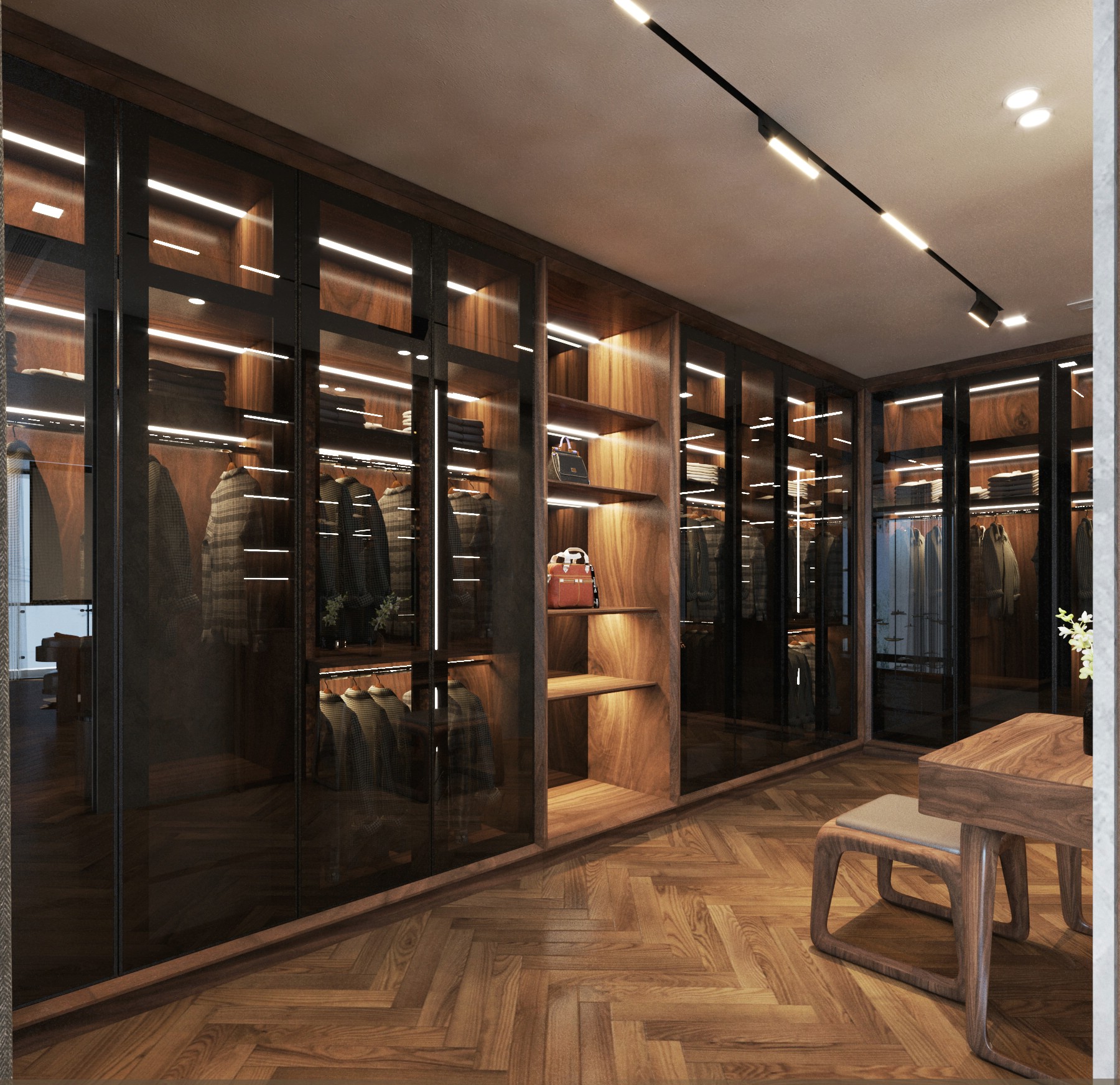 Tủ quần áo chữ L phong cách Modern Luxury với cánh kính khói đen và gỗ veneer vân óc chó
