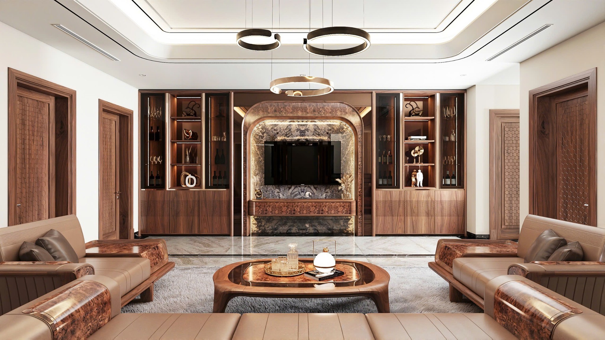 Tủ rượu đẹp phòng khách âm tường gỗ óc chó hoặc gỗ sồi với cánh kính và đèn led