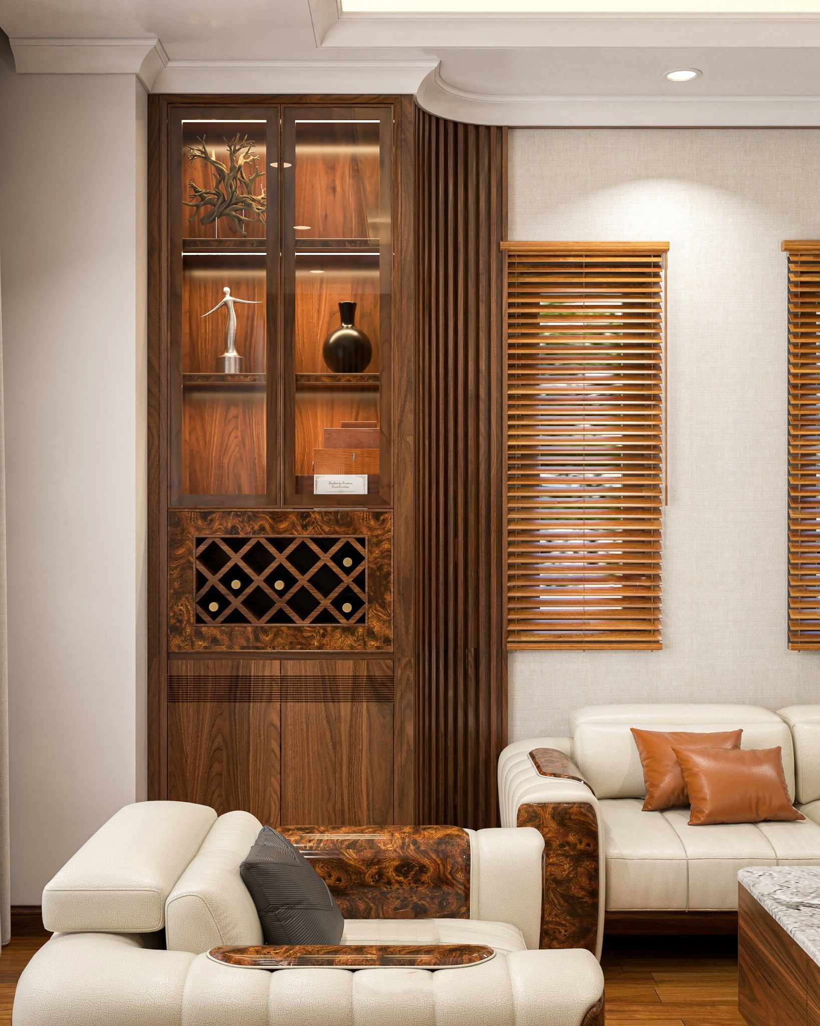 Tủ rượu góc tường hiện đại âm tường cao kịch trần cánh kính và lam sóng