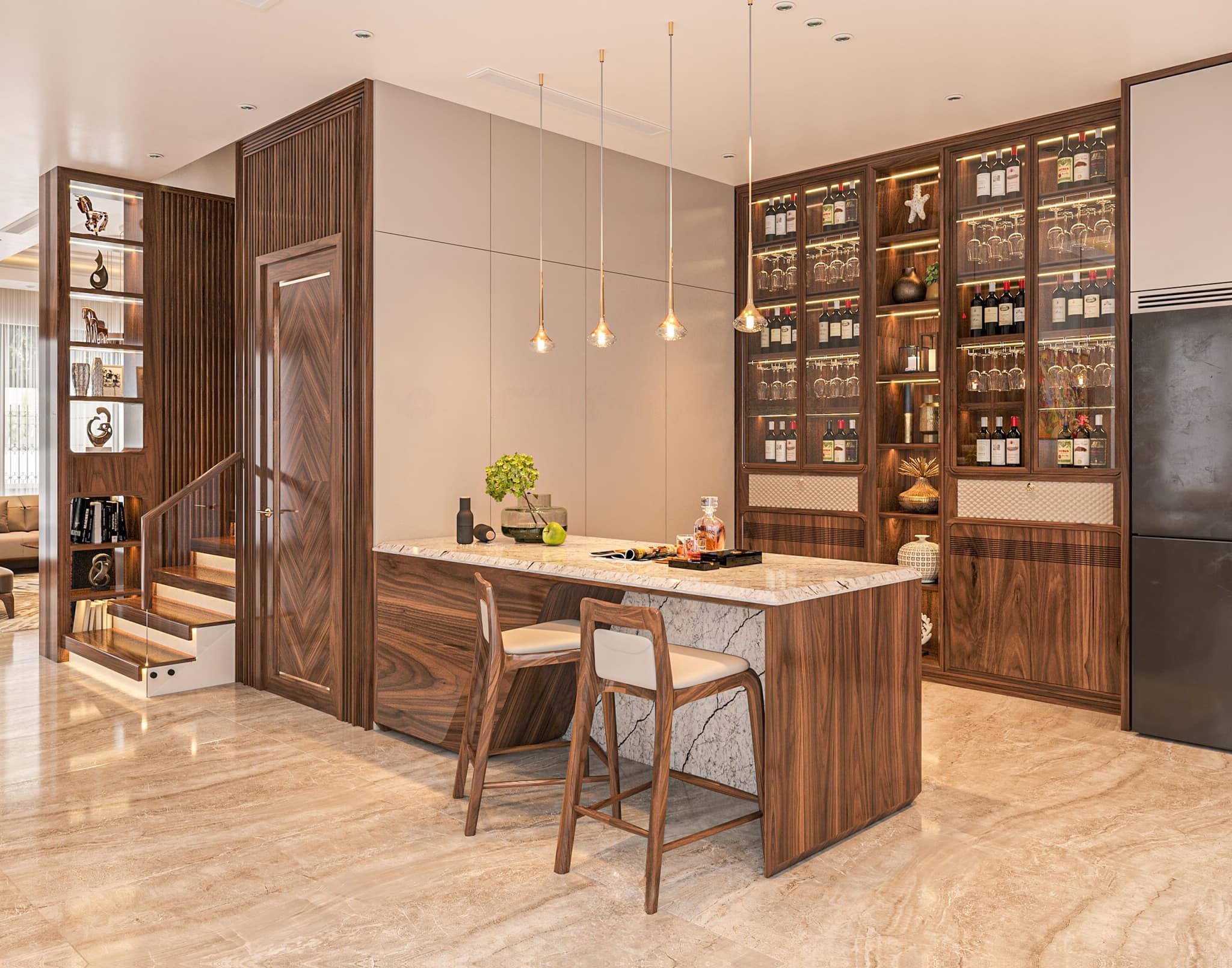 Tủ rượu hiện đại âm tường gỗ óc chó cao kịch trần với kệ trang trí 8 tầng trung tâm