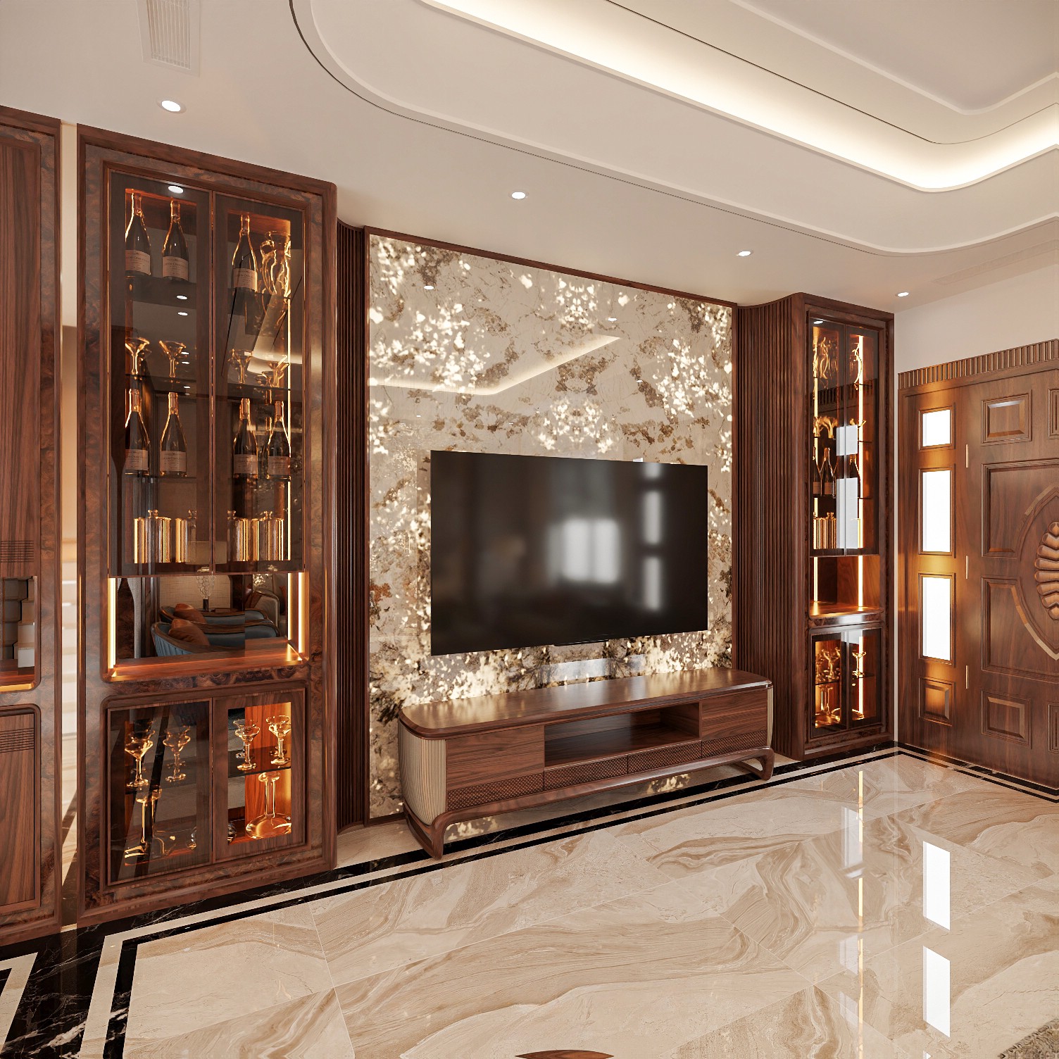 Tủ rượu cánh kính trong suốt, gỗ veneer vân nu, đèn led âm tủ