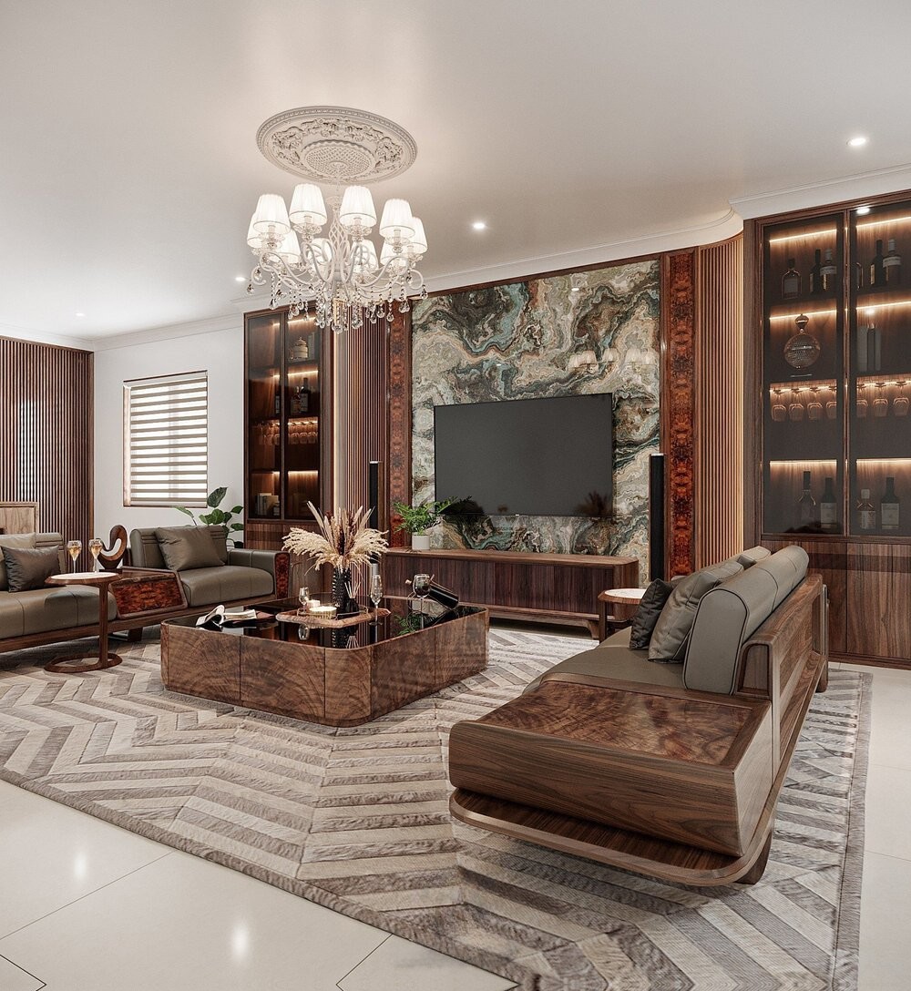 Tủ tivi kết hợp tủ rượu hiện đại với tường ốp đá cẩm thạch và cột veneer nu