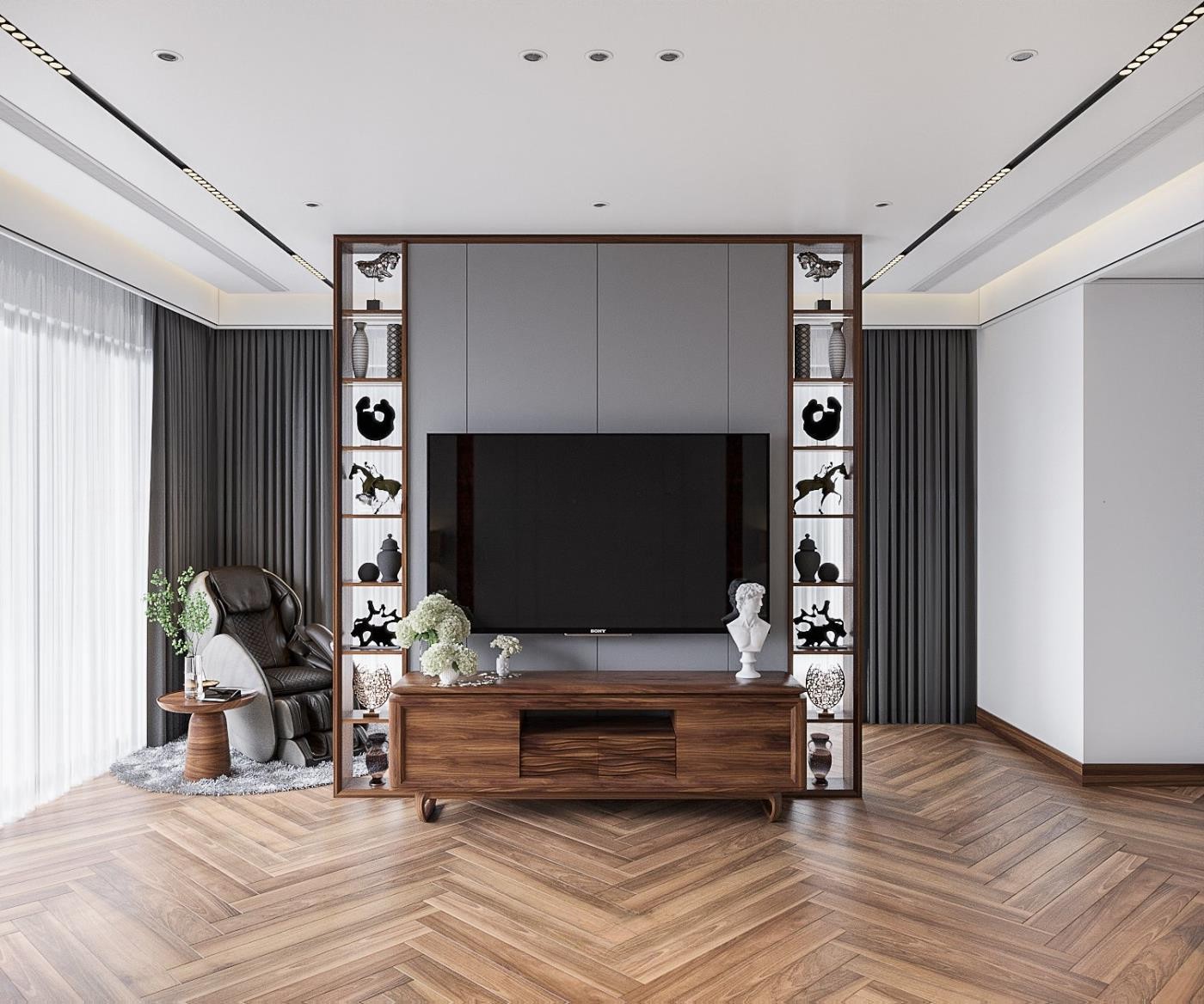 Vách kệ tivi phòng khách hiện đại với gỗ MDF phủ vân óc chó và ốp acrylic