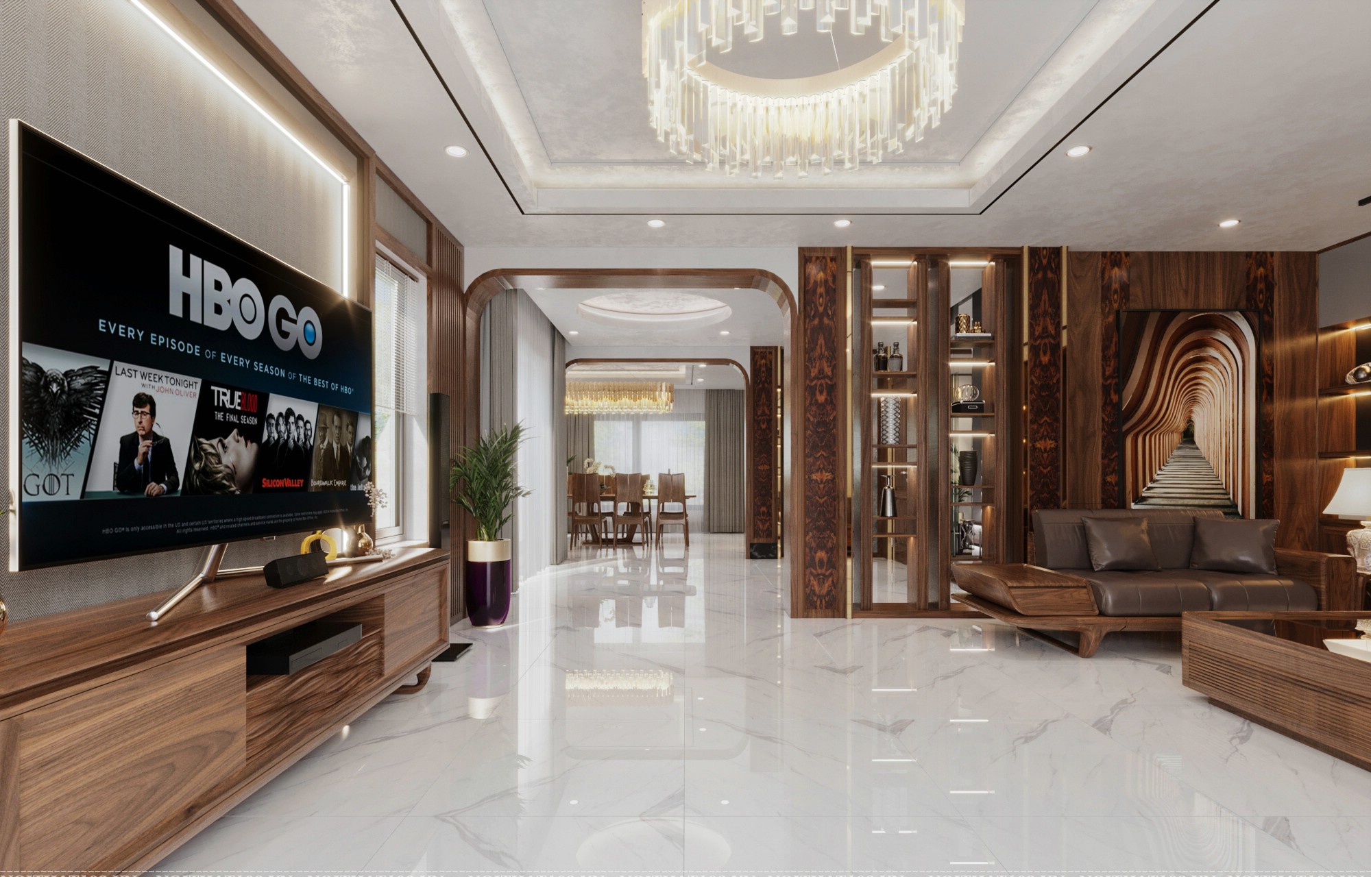 Vách ngăn gỗ phòng khách MDF phủ veneer óc chó với kệ trang trí 5 tầng lệch